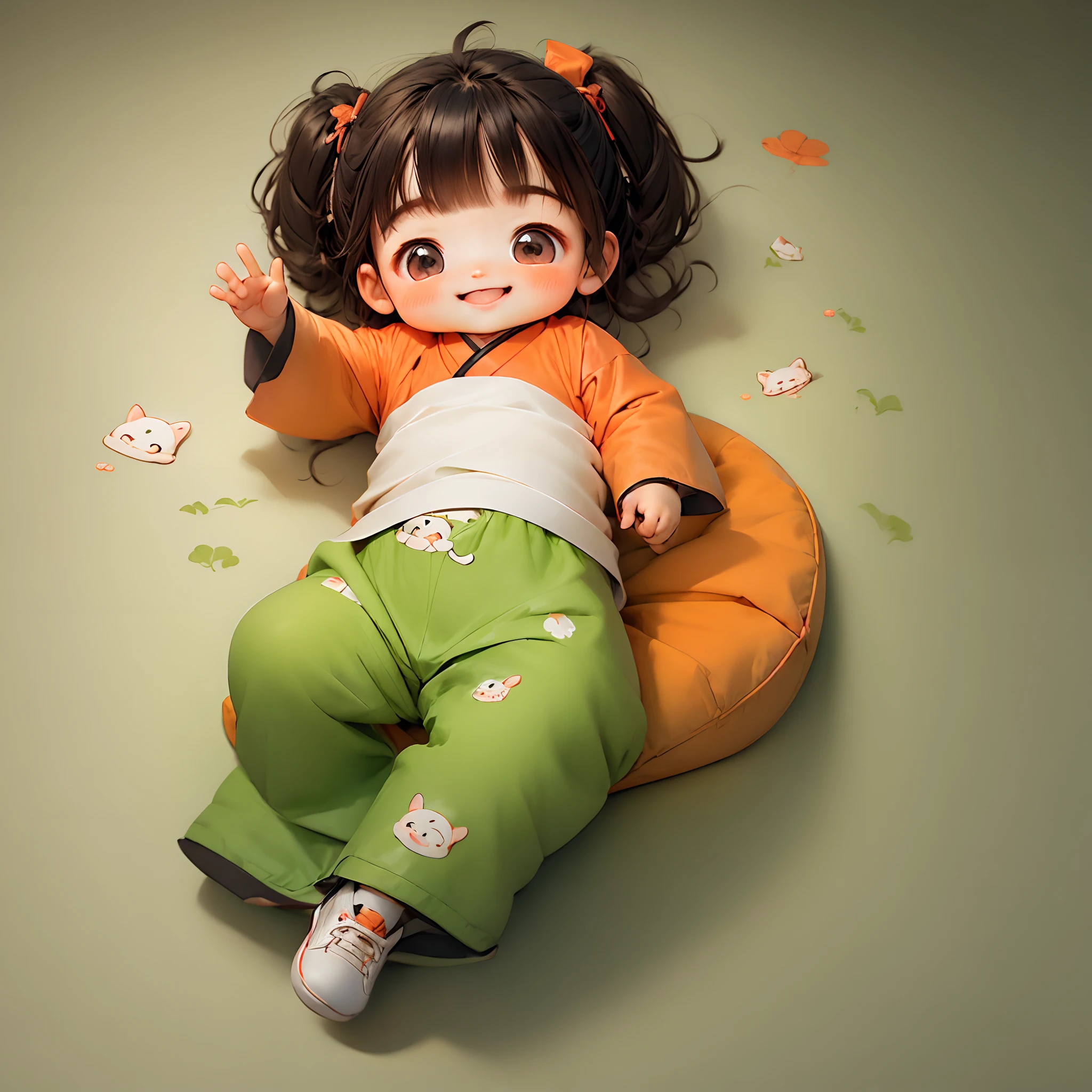 delicated，Happy human baby lying on bed，having fun，Cute Chinese style Q version baby，Colorful clothes