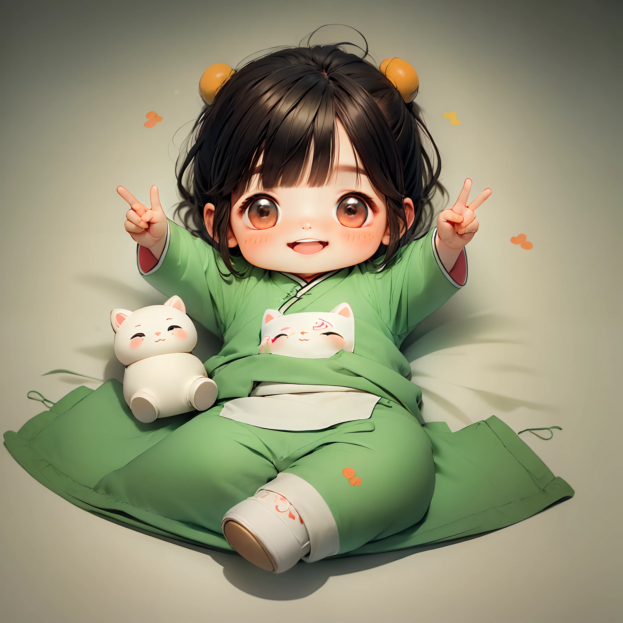 delicated，The little baby is lying on the bed，Close-up of happy little baby，Cute Chinese style Q version baby，5 months baby