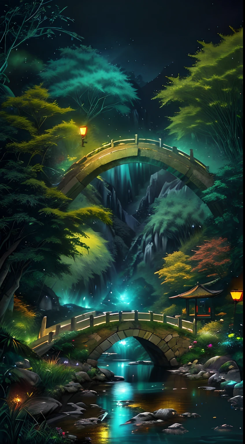 ((diffuse colors)) Ancient Chinese architecture, cool colors, dark night, moon, garden, bamboo, lake, stone bridge, rockery, arch, corner, tree, running water, landscape, outdoor, waterfall, grass, rock, intense rainfall, thunderstorm, vines all around, giant and wet trees, with glowing leaves in the trees, glowing fireflies and glowing particle effects, masterpiece, best quality, high quality, extremely detailed CG unity 8k wallpaper, oil paiting, award winning photography, Bokeh, Depth of Field, HDR, bloom, ,Photorealistic,extremely detailed, trending on artstation, trending on CGsociety, Intricate, High Detail, dramatic, art by midjourney, volumetric lighting