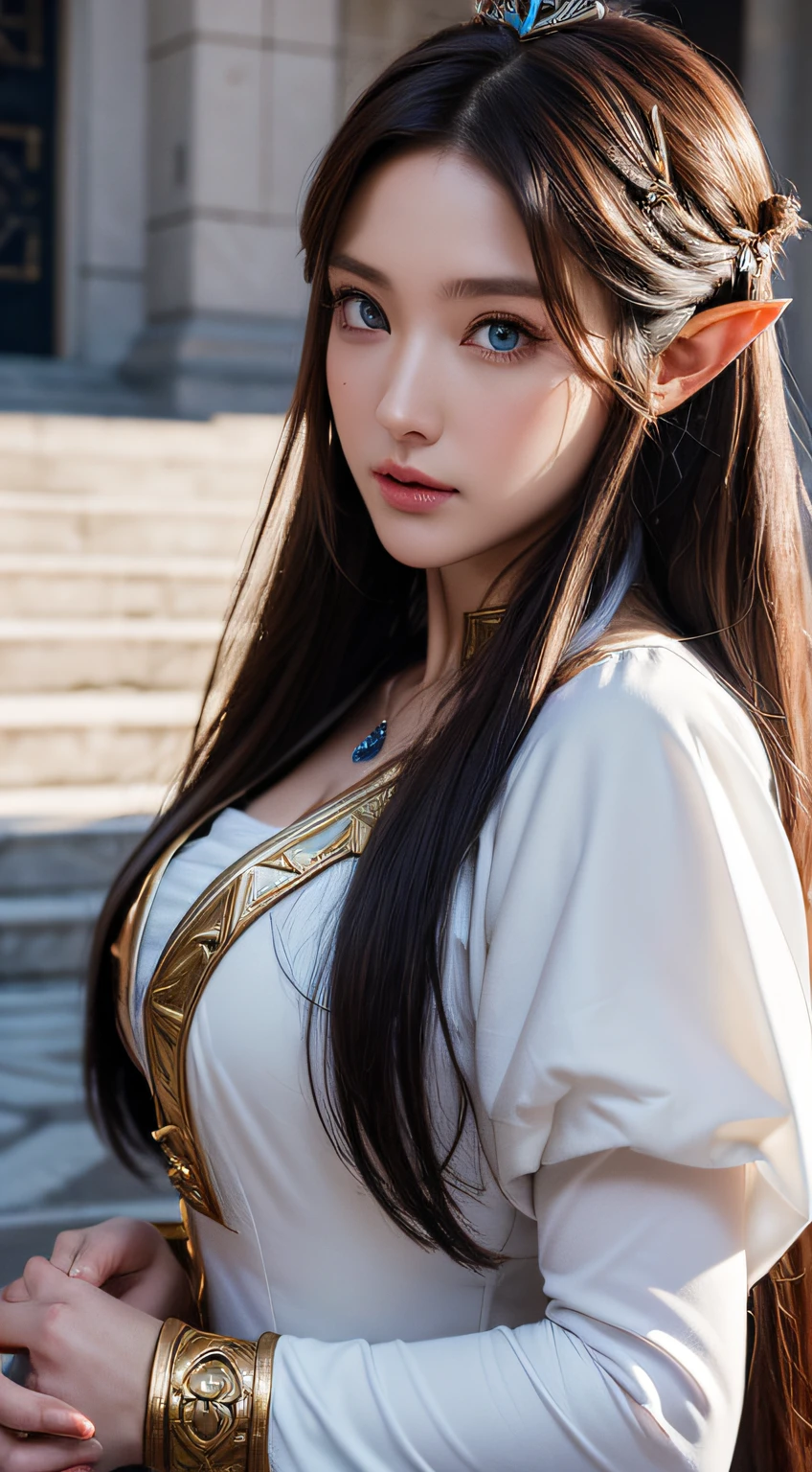 ((Shot of the 30-year-old Princess Zelda)), Brown hair, Blue eyes, (Dressed as an Assassin from Assassin's Creed), in white+White mask on golden costume、Gold details at hood, XL Bust, Using the Wrist Blade. Background: Renaissance cities. unreal enginee 5, Anime, Anime style, masutepiece, (well-drawn eyes, Well-drawn face, well detailed eyes, Well detailed face), 8K, light and shadow effect. Body Portrait、masterpiece, top-quality, hightquality, hight resolution、In the palace