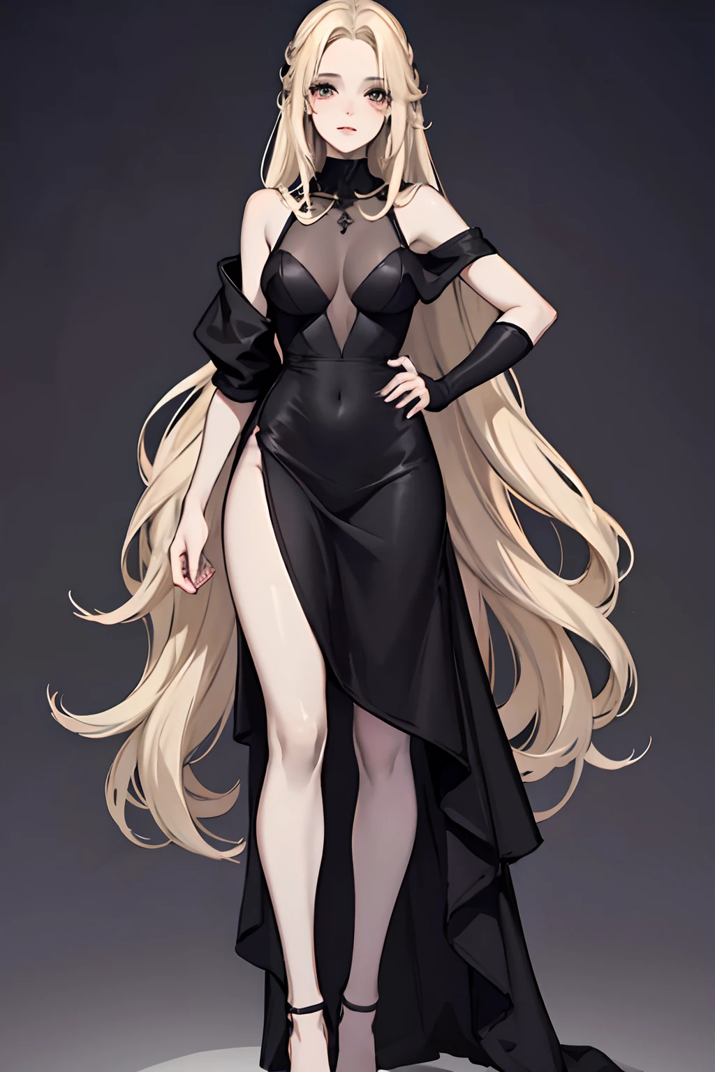 Pale blonde straight hair,Divide hair in the middle,curlies,Forehead exposed,Black slip dress,Full body like,a beauti,Stand head-on,greybackground,solid color backdrop