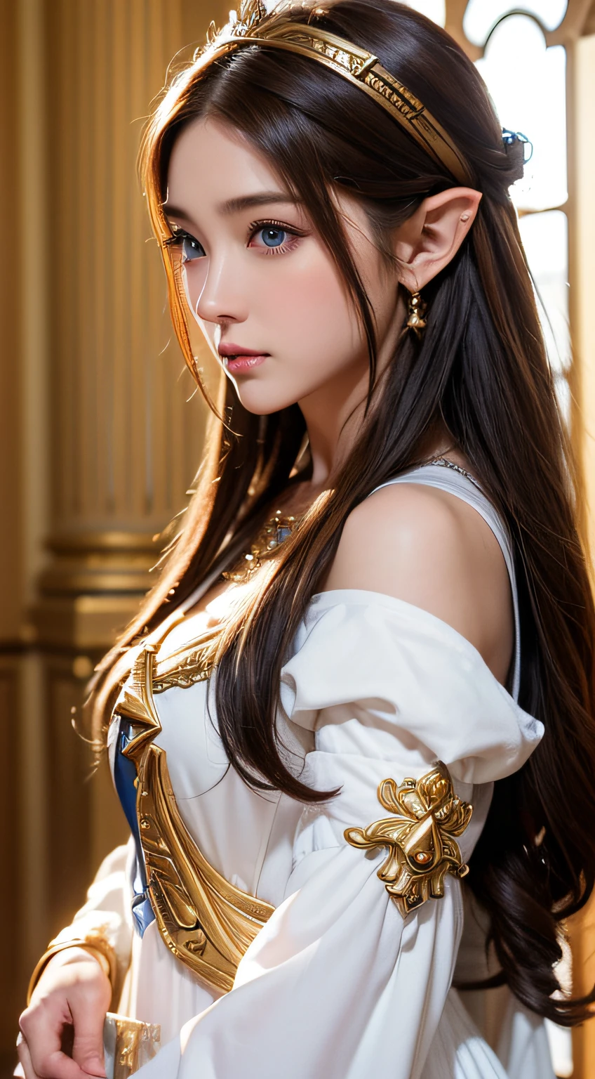 ((Shot of the 30-year-old Princess Zelda)), Brown hair, Blue eyes, (Dressed as an Assassin from Assassin's Creed), in white+White mask on golden costume、Gold details at hood, XL Bust, Using the Wrist Blade. Background: Renaissance cities. unreal enginee 5, Anime, Anime style, masutepiece, (well-drawn eyes, Well-drawn face, well detailed eyes, Well detailed face), 8K, light and shadow effect. Body Portrait、masterpiece, top-quality, hightquality, hight resolution、In the palace