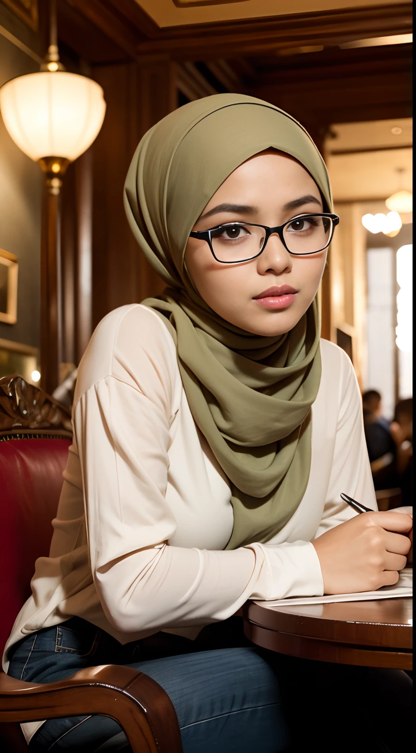 (iu:0.8), RAW, Best quality, high resolution, Masterpiece: 1.3, Beautiful cute glasses hijabi javanese woman in parisian cafe, Masterpiece, Perfect slim body, Beautiful big eyes, Soft smile