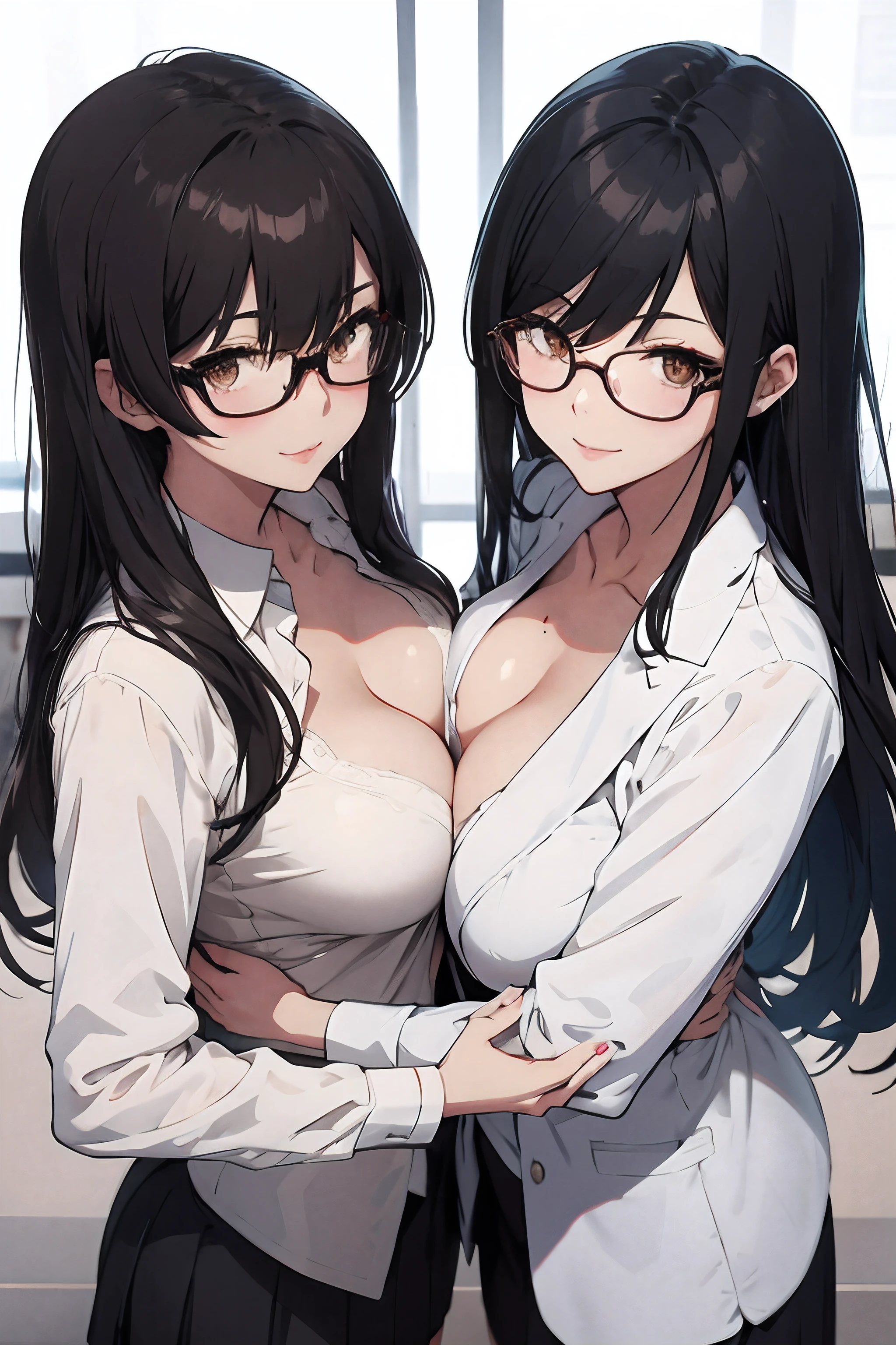an anime illustration of two cartoon sexy women together .very sexy pair of women posing for the camera, multiple girls, breasts, 2girls, glasses, shirt, smile, skirt, looking at viewer, office lady, collared shirt, white shirt, breast press, large breasts, formal, suit, jacket, collarbone, symmetrical docking, brown eyes, black hair, long hair