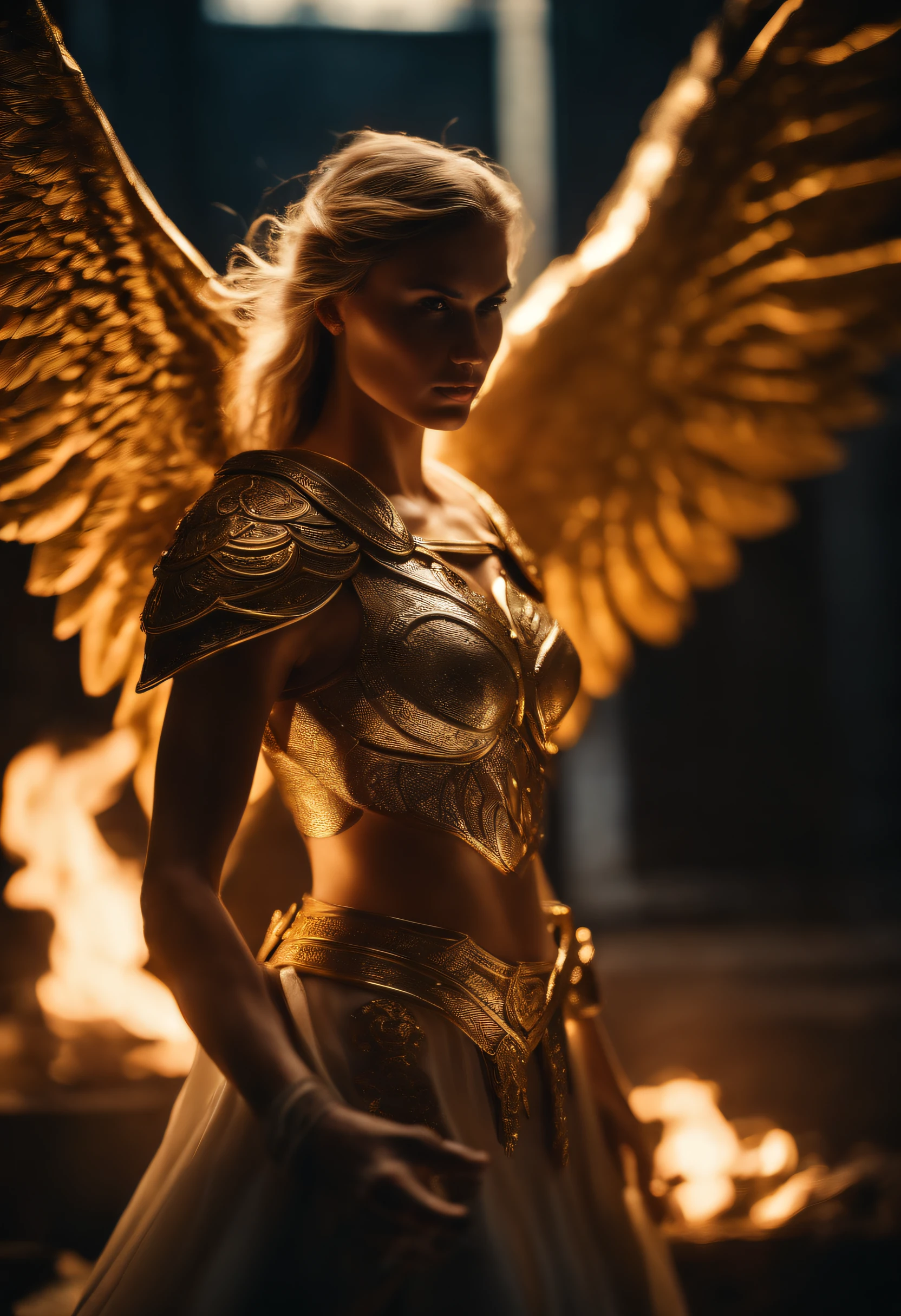 ((the Justice angel)),(take flame blade reflect dizzle light),burnning up in fire,equiped with golden armer,shinning eyes,background in holy gold color