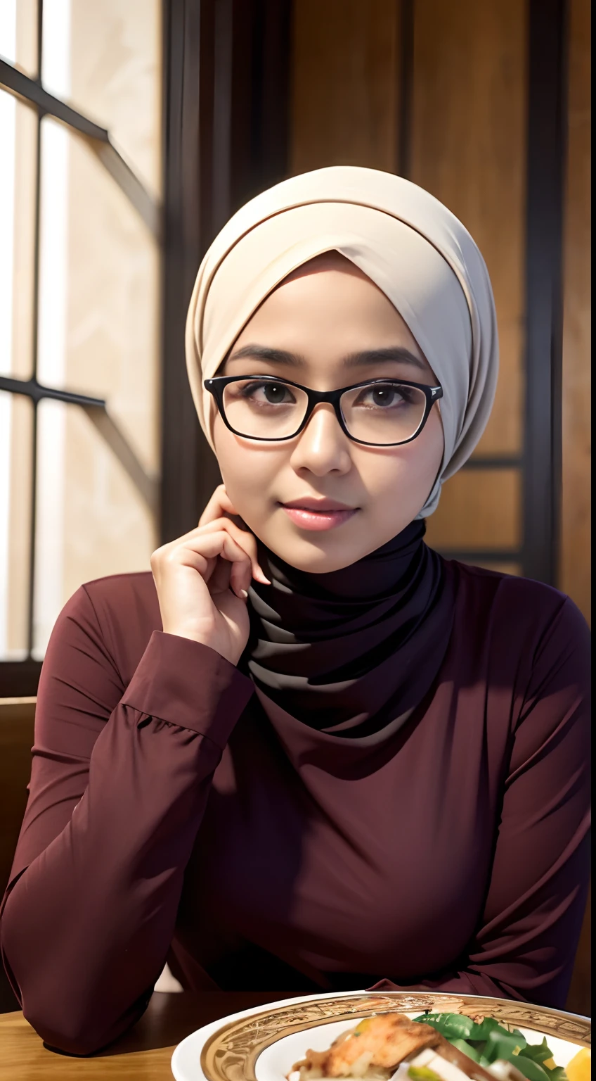 1 malay girl , modern plain hijab, shy, medium portrait shot , watery eyes ,lip watery, lip glossy, open mounth, wearing glasses, ((big breast)), wear turtleneck:1.5 , kebaya batik, (big breast) , flower garden background, bokeh background, proportional body,