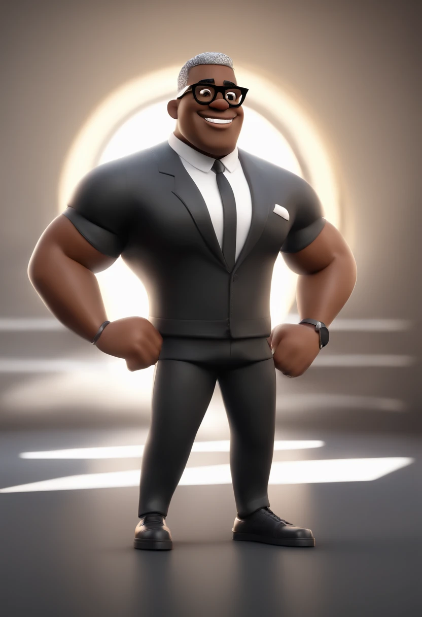 Cartoon character of a black man with short gray hair wearing black glasses and a black shirt with white stripes vertically, um personagem animado, Caractere estilizado, animation style rendering, 3D estilizado, Arnold Maya render, 3 d render stylized, toon render keyshot, Personagem 3D, Personagem 3D, 3d rendering stylized, 3 d character render, personagem de desenho animado, Personagem de close up, Pose de personagem, (Estilo Pixar) (master part:1.2) (Bokeh) (best quality) (pele detalhada) (textura detalhada) (8k) (argila) (Cinematic lighting) (foco nítido,Senta e vaza a parte superior do corpo