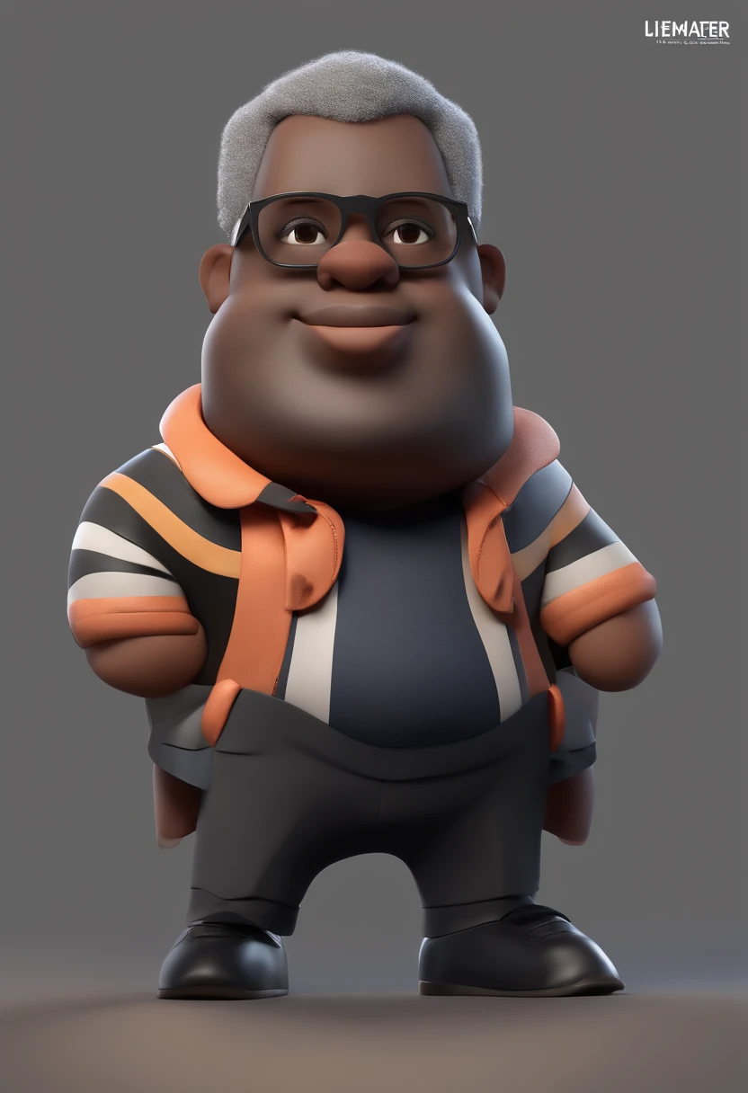 Cartoon character of a black man with short gray hair wearing black glasses and a black shirt with white stripes vertically, um personagem animado, Caractere estilizado, animation style rendering, 3D estilizado, Arnold Maya render, 3 d render stylized, toon render keyshot, Personagem 3D, Personagem 3D, 3d rendering stylized, 3 d character render, personagem de desenho animado, Personagem de close up, Pose de personagem, (Estilo Pixar) (master part:1.2) (Bokeh) (best quality) (pele detalhada) (textura detalhada) (8k) (argila) (Cinematic lighting) (foco nítido,Senta e vaza a parte superior do corpo