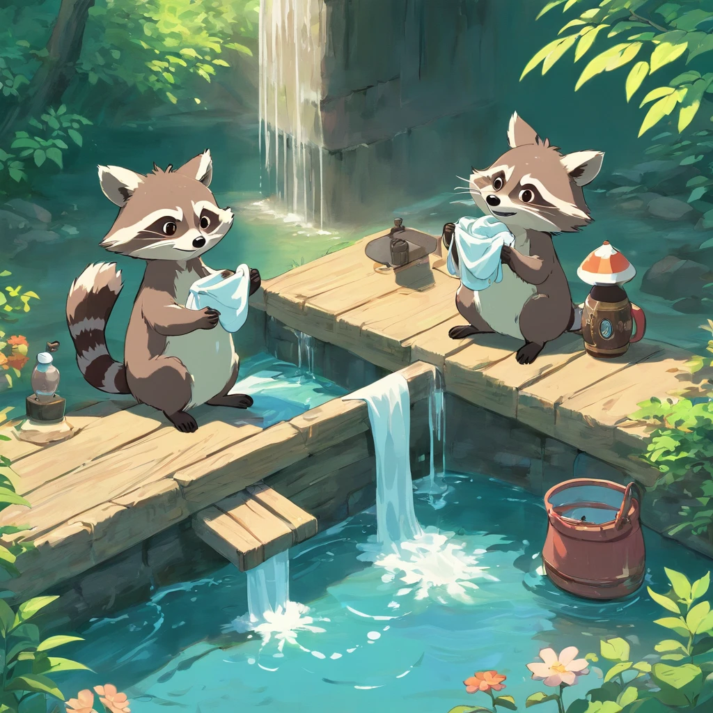 Cute raccoons wash their clothes with river water、Stamp style