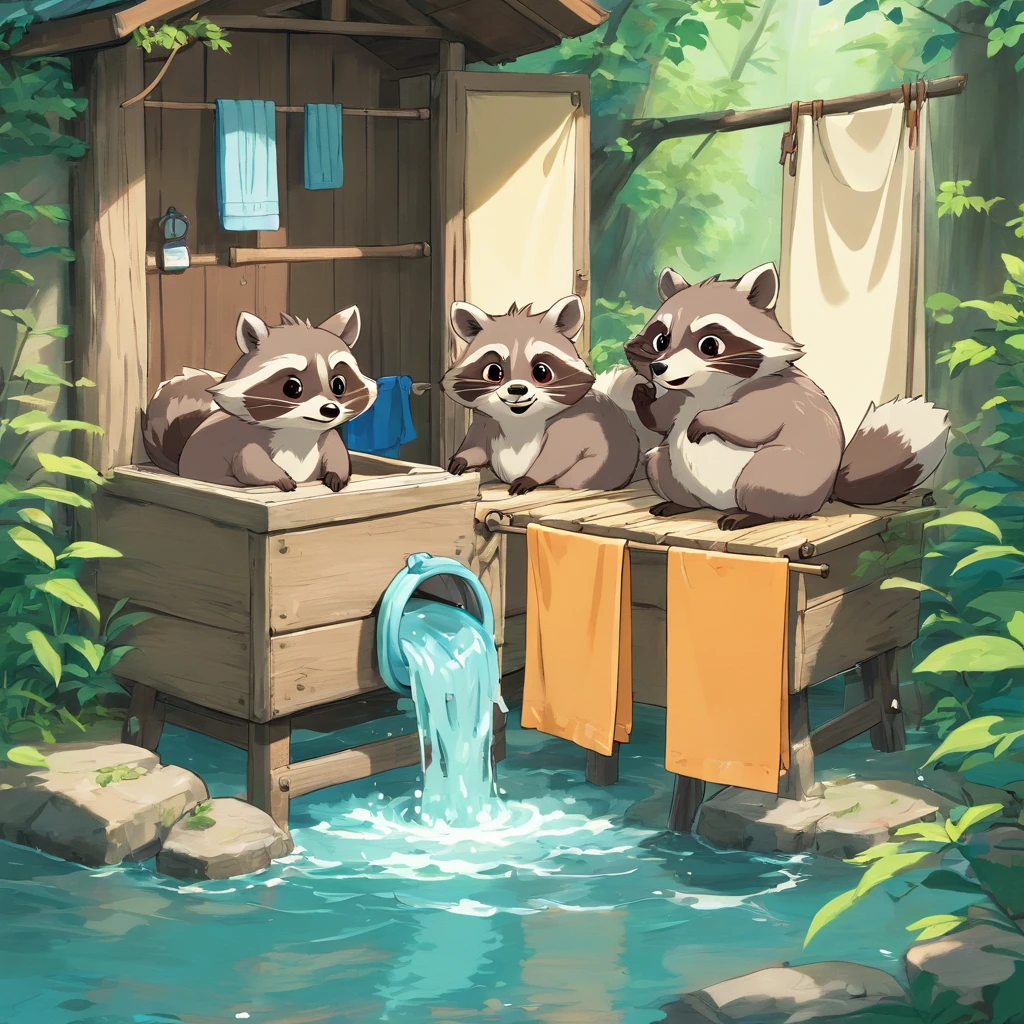 Cute raccoons wash their clothes with river water、Stamp style