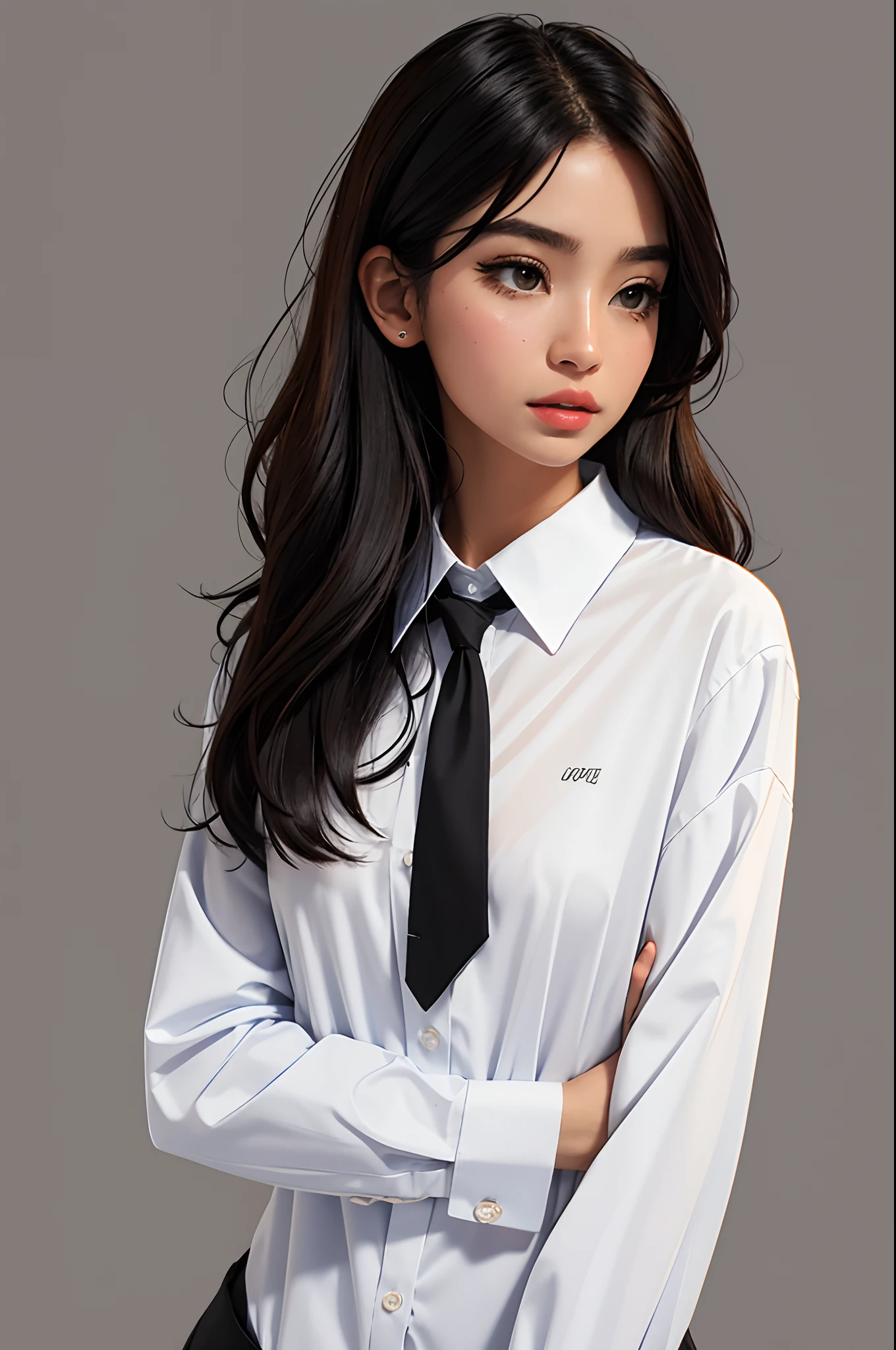 1girll, Solo, Long_Hair, Looking_at_peeping at the viewer, shirt, black_Hair, brown_Eyes, Closed_Mouth, White_shirt, The upper part of the body_Body, parted_Lips, collared_shirt, artist_names, Grey_Background, Blurry, black_Eyes, Lips, dress_shirt, Blurry_Background, watermarked, web_address, Realistic, nase