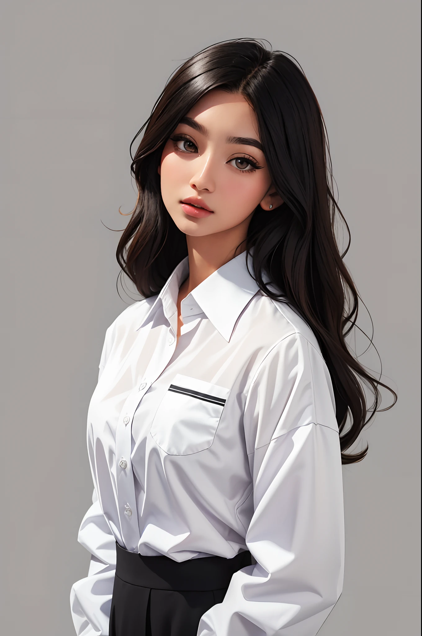 1girll, Solo, Long_Hair, Looking_at_peeping at the viewer, shirt, black_Hair, brown_Eyes, Closed_Mouth, White_shirt, The upper part of the body_Body, parted_Lips, collared_shirt, artist_names, Grey_Background, Blurry, black_Eyes, Lips, dress_shirt, Blurry_Background, watermarked, web_address, Realistic, nase
