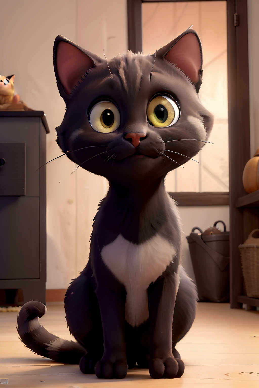 Um gato preto com olhos amarelos na janela. Com o nome milu