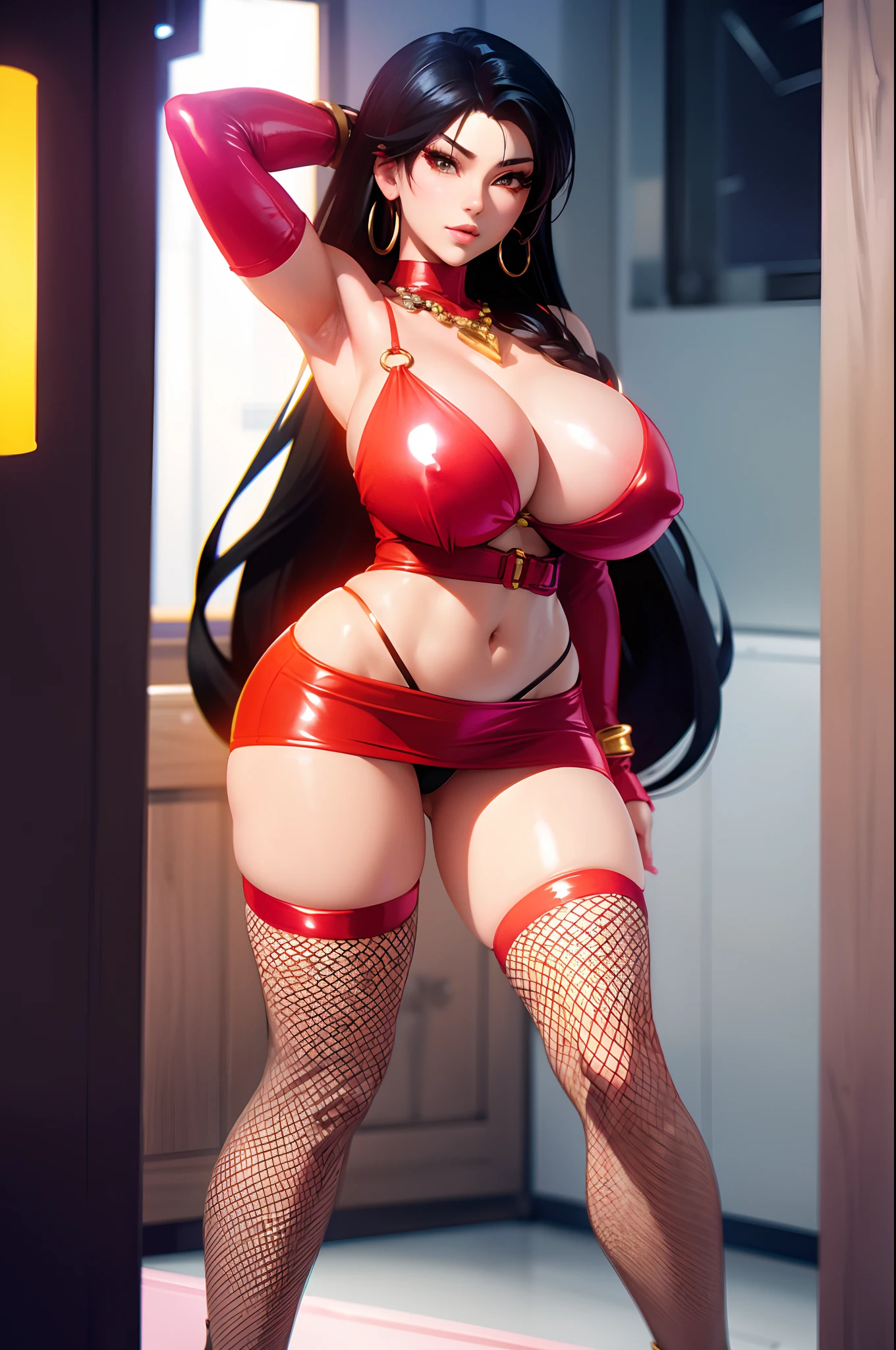 momiji, 1girl, solo, white and red (microdress), (golden), (bodycon), fur, cleavage, navel, (face focus), (o-ring:1.2), jewelry, necklace, waist cutout, belt, fishnet thighhighs, highheels, looking at viewer BREAK masterpiece, best quality, glowing skin, mature figure, voluptuous body, shiny skin, mature women, gigantic hanging breasts, from the front, (chromatic aberration, intricate details), dynamic angle, 40K, HDR, highres,