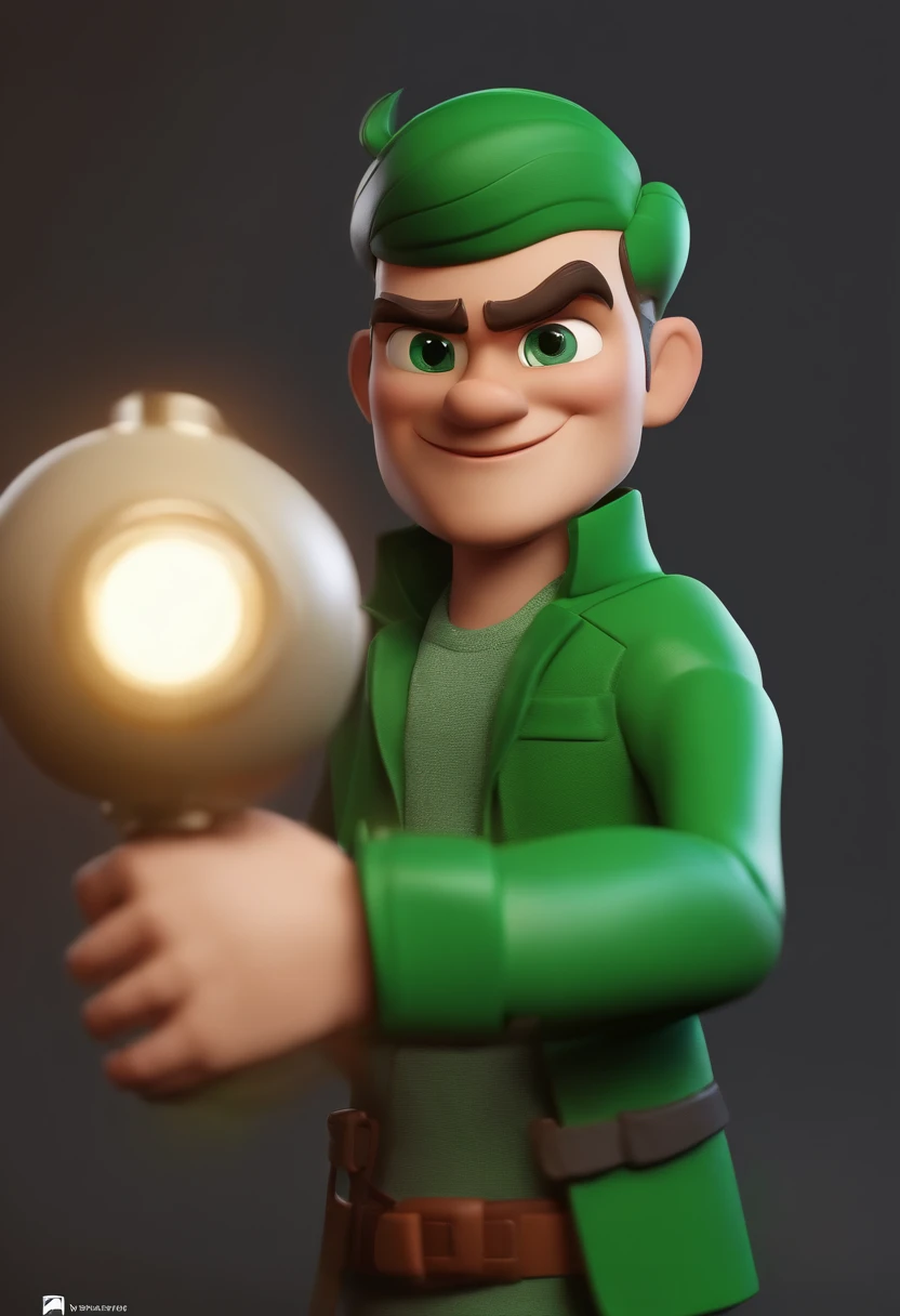 Personagem de desenho animado de um homem de olhos verdes,  sorrindo e com uma camisa cinza, um personagem animado, Caractere estilizado, animation style rendering, 3D estilizado, Arnold Maya render, 3 d render stylized, toon render keyshot, Personagem 3D, Personagem 3D, 3d rendering stylized, 3 d character render, personagem de desenho animado, Personagem de close up, Pose de personagem, (Estilo Pixar) (master part:1.2) (Bokeh) (best quality) (pele detalhada) (textura detalhada) (8k) (argila) (Cinematic lighting) (foco nítido，Senta e vaza a parte superior do corpo
