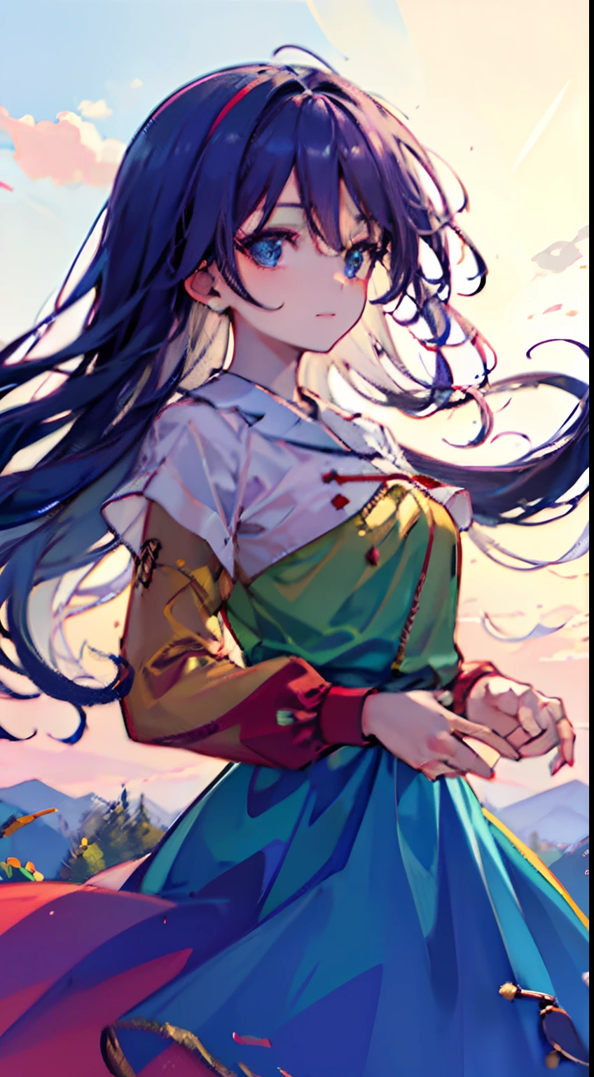 Tenkyuu Chimata, Rainbow, Sky, (best quality,4k,8k,highres,masterpiece:1.2), ultra-detailed, (realistic,photorealistic,photo-realistic:1.37), vibrant colors, soft lighting, ethereal clouds, radiant sunlight, majestic landscape, lush green fields, peaceful atmosphere, sparkling water, distant mountains, dreamlike scenery, a girl standing among the flowers, flowing dress, graceful and delicate movements, joyful expression, long flowing hair, sunlight streaming through her hair, captivating gaze, vibrant rainbow spanning the sky, vivid and saturated colors, soft and pastel tones, breathtaking view, mesmerizing scenery.