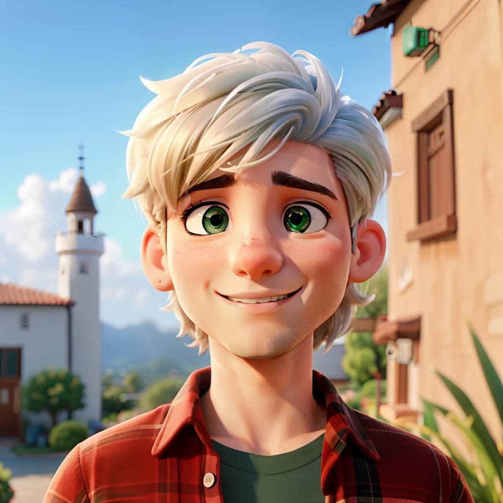 (best quality,4k,8k,Altas,master part:1.2),ultra-detalhado,(Realistic,fotorrealista,photo-realistic:1.37), homem de 28 anos, olhos verdes, expression joyful, cabelo curto, white hair, cavanhaque, alto, muito magro, vegano, dentro de um carro, A dog in the back seat