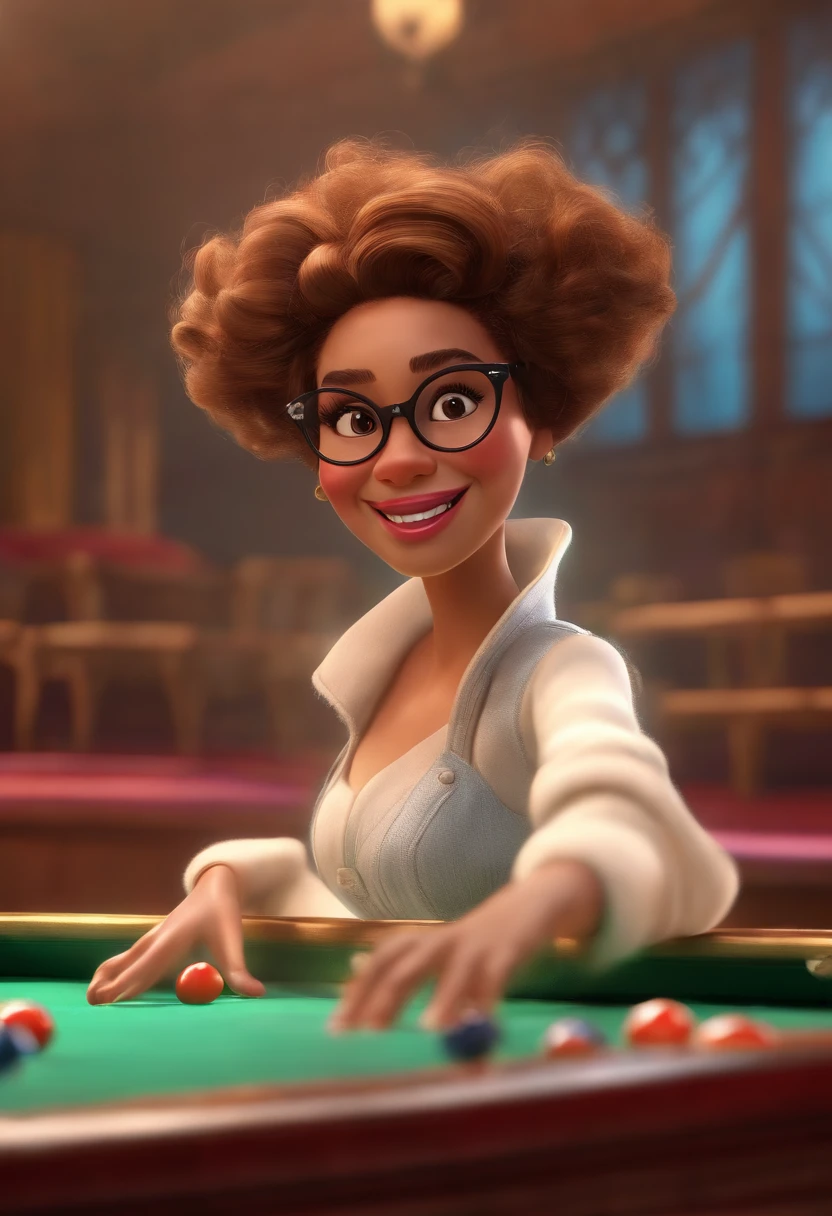 "(best quality,ultra-detalhado,Realistic:1.37),3D rendering,illustration,design de personagens,cabelos curtos e cacheados escuros,belos olhos detalhados,wearing white glasses,Estilo Pixar,morena mulher,Dancing on the Disney stage,atmosfera animada,vivid colors,luzes de palco,expression joyful"