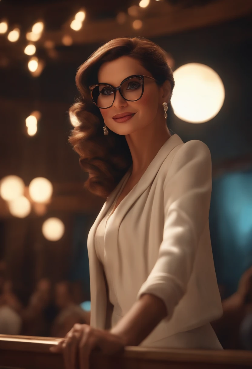 "(best quality,ultra-detalhado,Realistic:1.37),3D rendering,illustration,design de personagens,cabelos curtos e cacheados escuros,belos olhos detalhados,wearing white glasses,Estilo Pixar,morena mulher,Dancing on the Disney stage,atmosfera animada,vivid colors,luzes de palco,expression joyful"