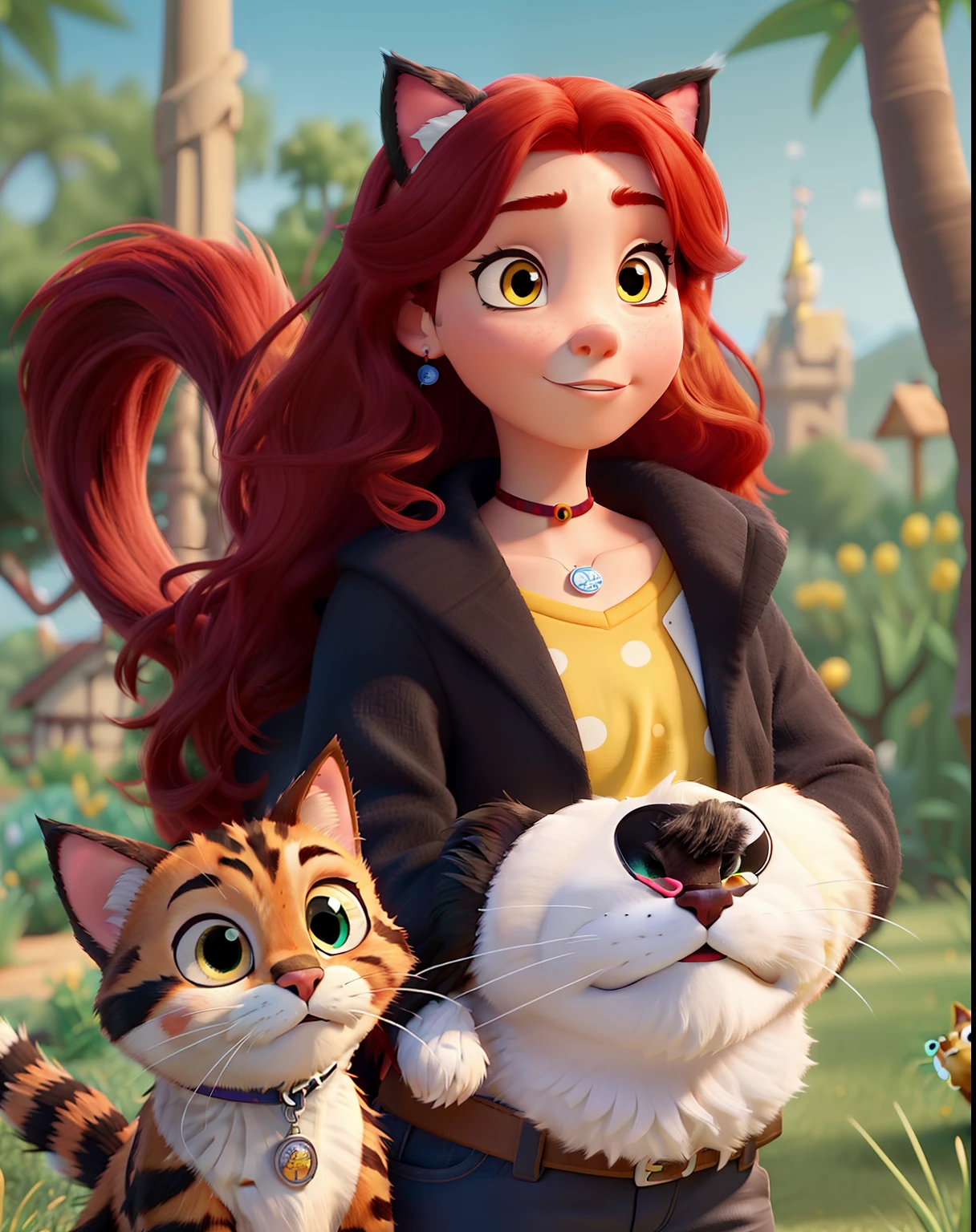 Create a Disney Pixar style image. Containing a man with a goatee and black hair, a red-haired woman with long hair, a black cat and a yellow cat with white spots. The title of the image should contain "As Aventuras de Netuno"