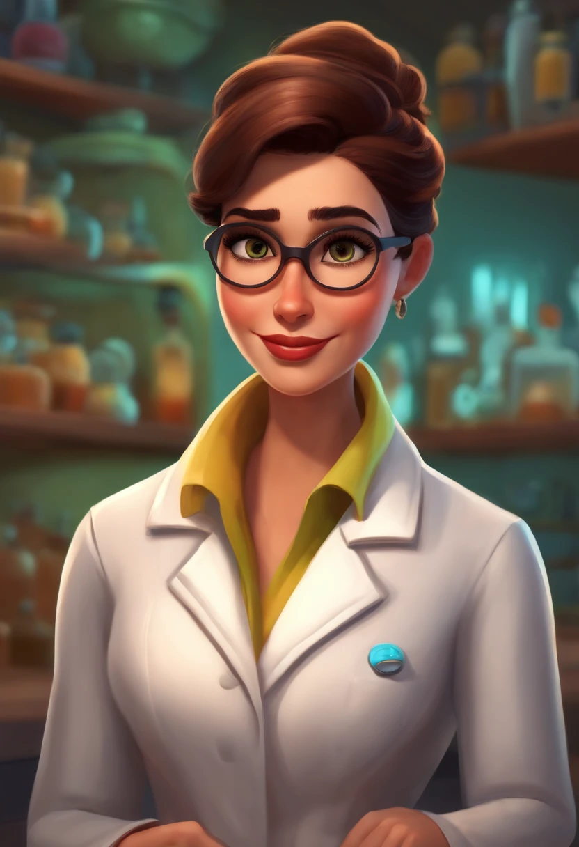 Create a pixar-style character inside a lab coat. Personagem morena