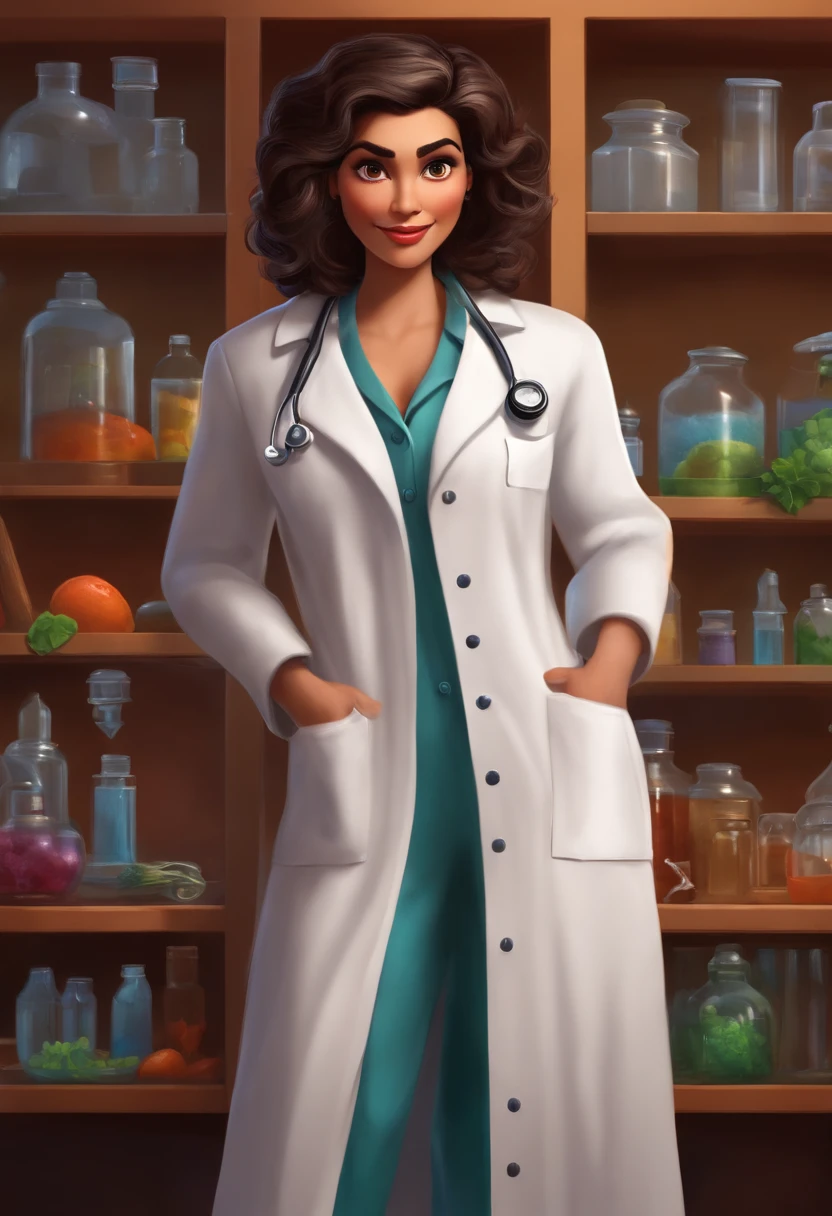 Create a pixar-style character inside a lab coat. Personagem morena