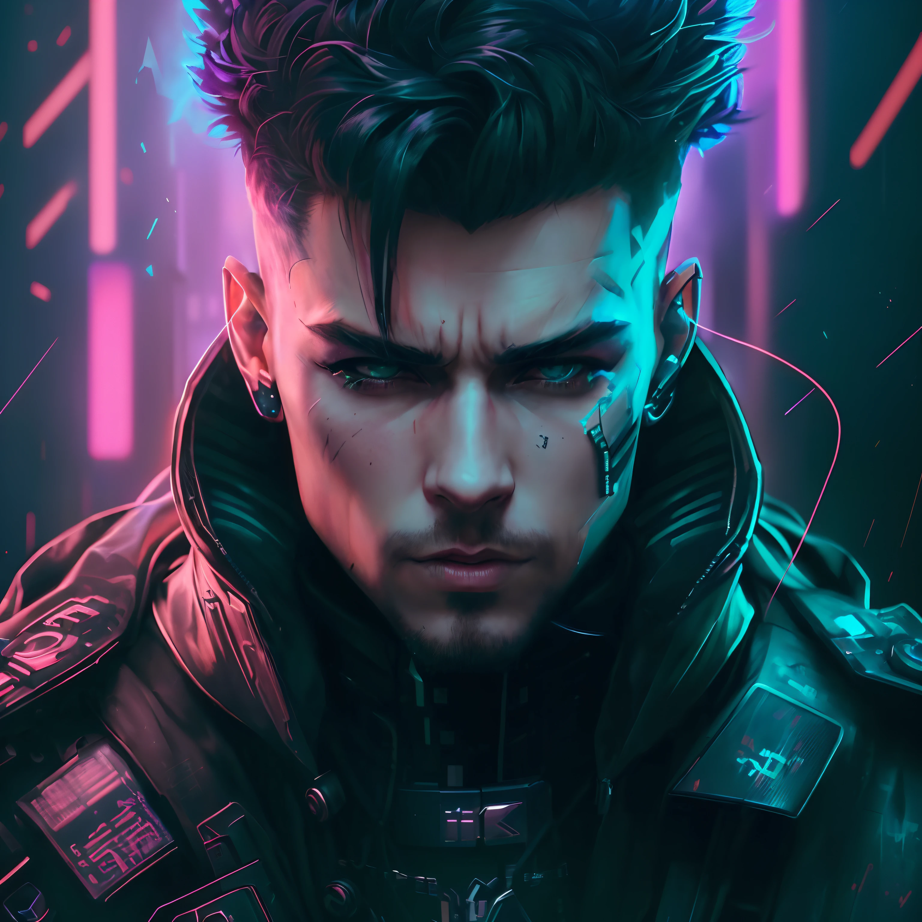 A man with a mohawk and a leather jacket in front of neon lights ...