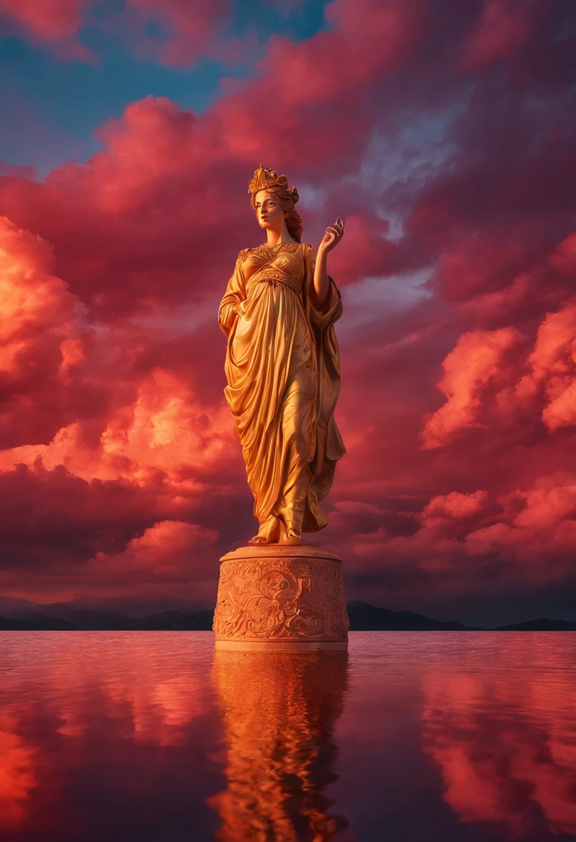 Araphedo statue floating in the red sky reflected in the lake, Red glow in the sky, Amazing skies, Amazing skies, Amazing reflections of the sky, Red clouds, Burning clouds, Red reflection, Fire from the sky, Amazing skies, colorful skies, Vibrant sunrise, Red sky, Glowing clouds, Spectacular sunset, beautiful and spectacular dusk, Breathtaking clouds, Colorful sky, Fire reflection