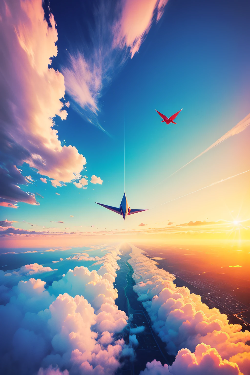 Fly into the colorful sky on a paper plane