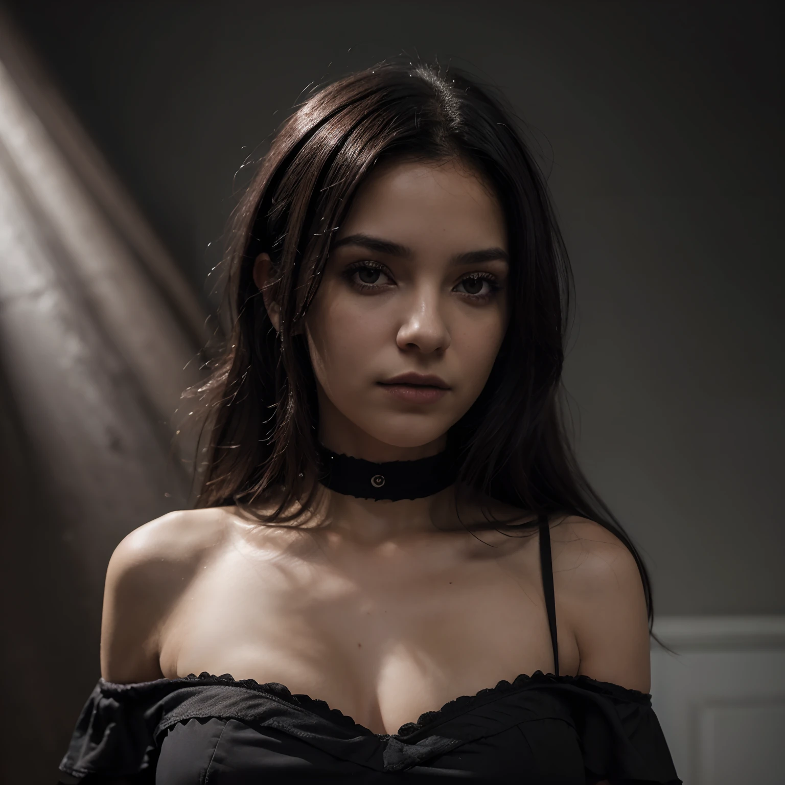 chained to the wall, arms up, her body dangles attached to the chains. Expression of fear in her crying eyes. extremely photorealistic. The characters are surrounded by mist, evoking a mysterious and eerie atmosphere. The lighting is dark and atmospheric, with a red smoke adding a touch of sinister ambiance. The image is of the best quality, with a resolution of 4k and HDR enhancement, showcasing the utmost level of detail and realism, sfw, full body shot. View from above. (1woman), MFBP1