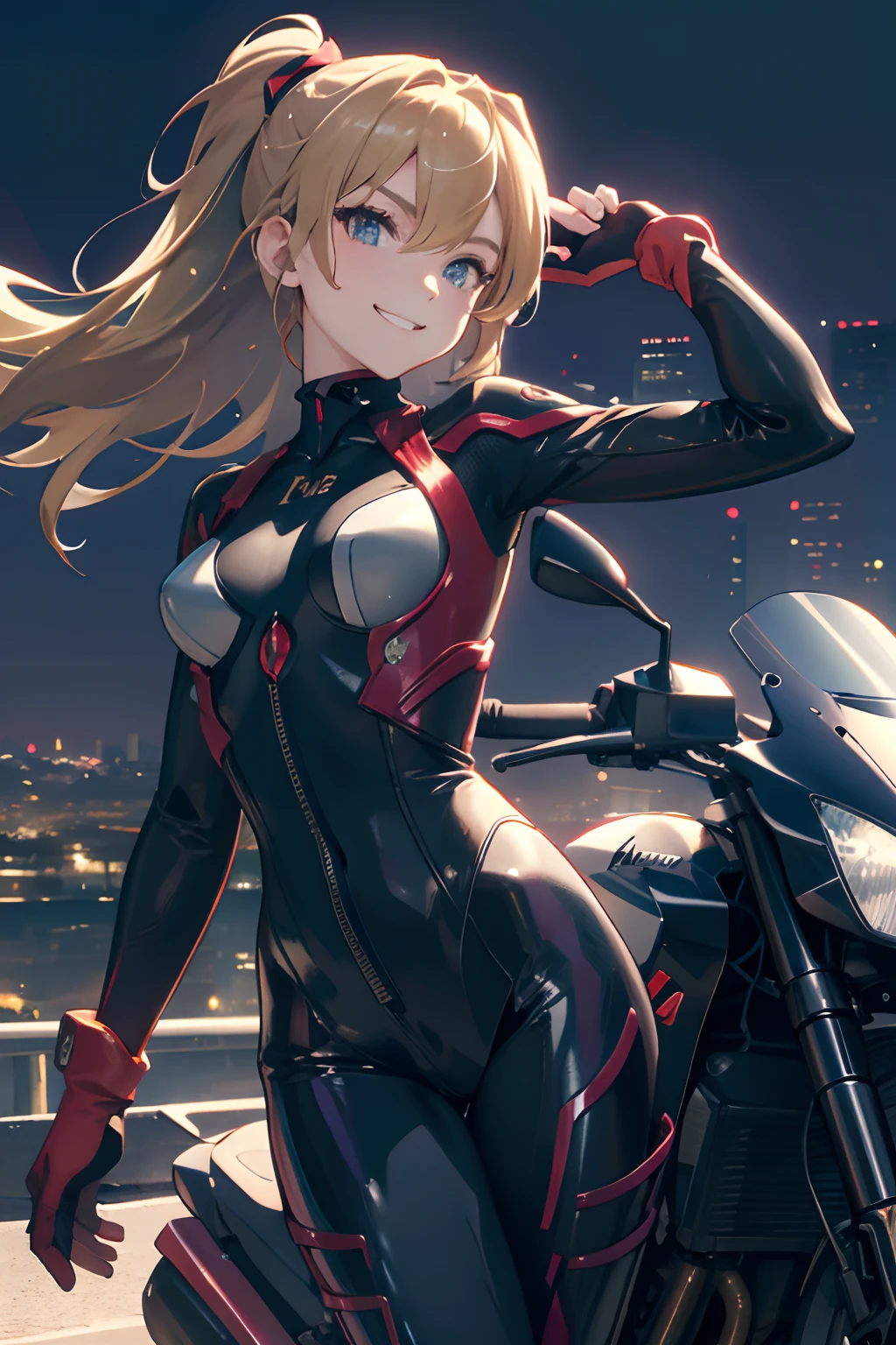 A girl with blonde braids tied with a ribbon, wearing a pink and white compression suit, riding a motorcycle, lights lit, looking at the viewer,