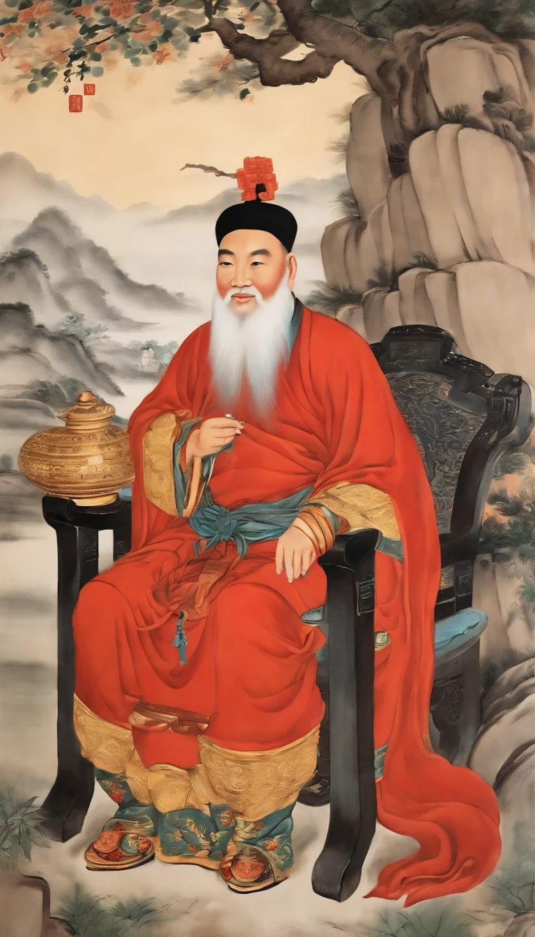 The God of Wealth sitting in the temple、With a smile on his face, inspired by Zhang Daqian, Inspired by Huang Binhong, inspired by Xu Beihong, qing dynasty painting, Inspired by Li Keran, author：Qi Baishi, inspired by Fu Baoshi, Tradition Chinese Ink Painting