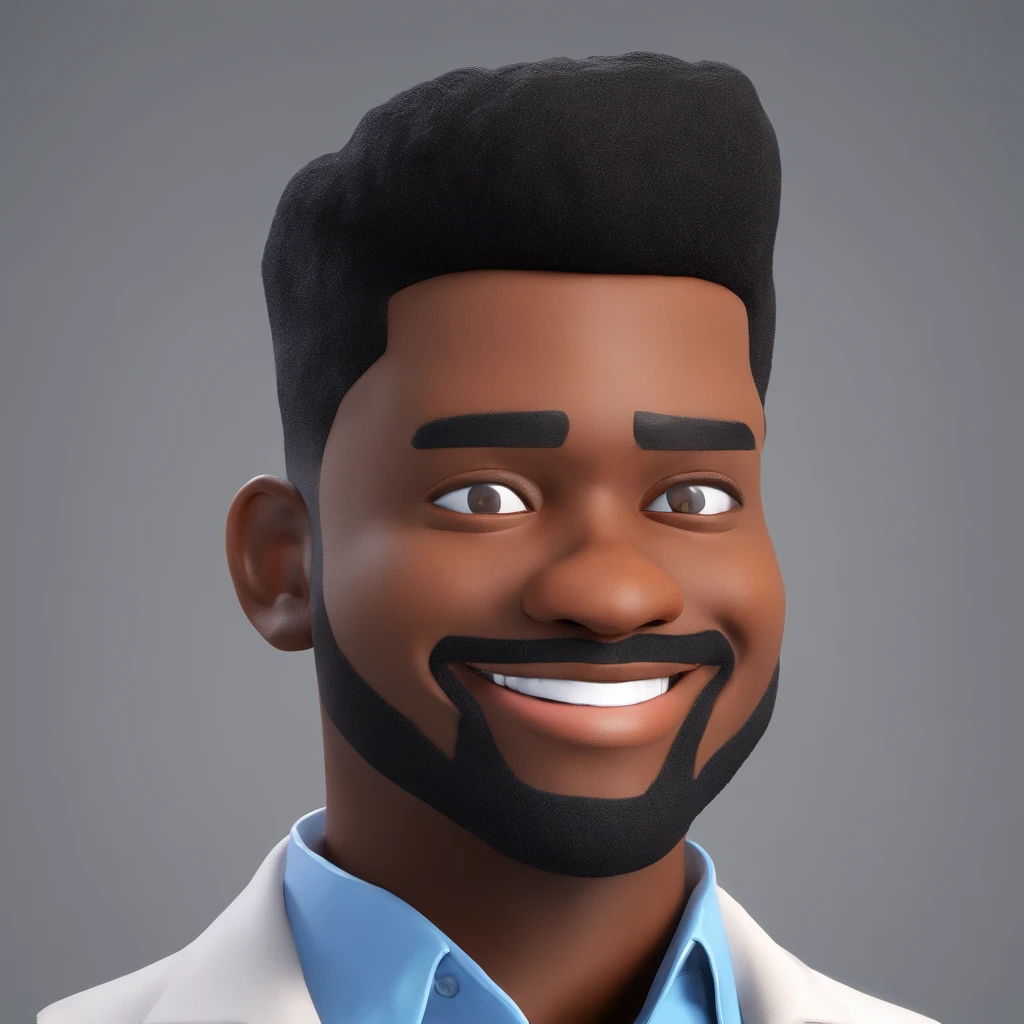 Make a post of a young black man with very dark skin goatee in blue suit white dress shirt Smiling