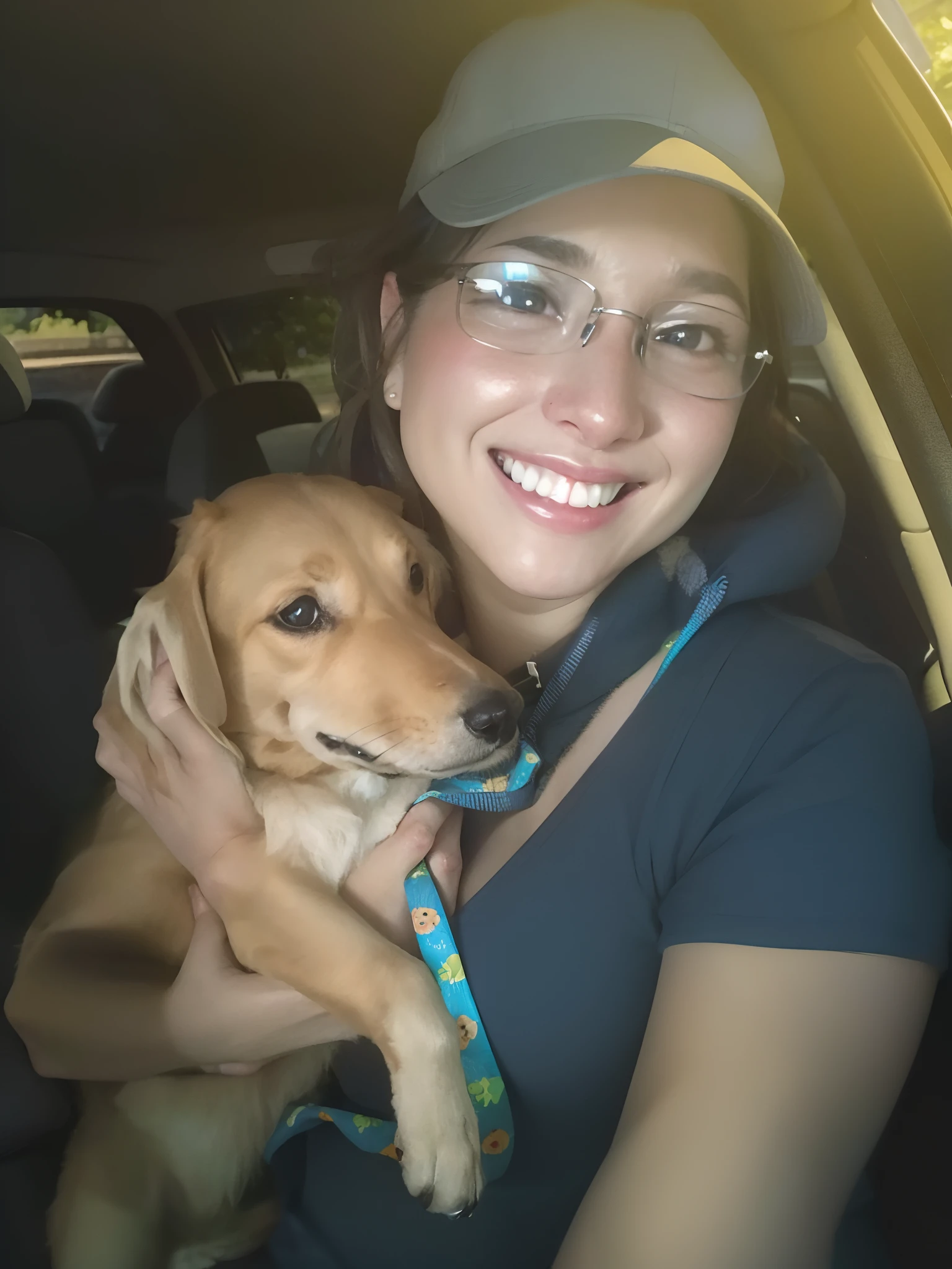 Smiling woman holding a dog in a car with a hat in, noite!, by Amelia Peláez, aw, Noite!, Roxie Vizcarra, Feliz!!!, Weenie, Karla Ortiz, Iluminado!, foto do perfil, bonito, muito bobo olhando, Sandra, Directed by: Matt Cavotta, Dachshund, circunstanciado!, muito feliz!, selfie of a dog, muito animado