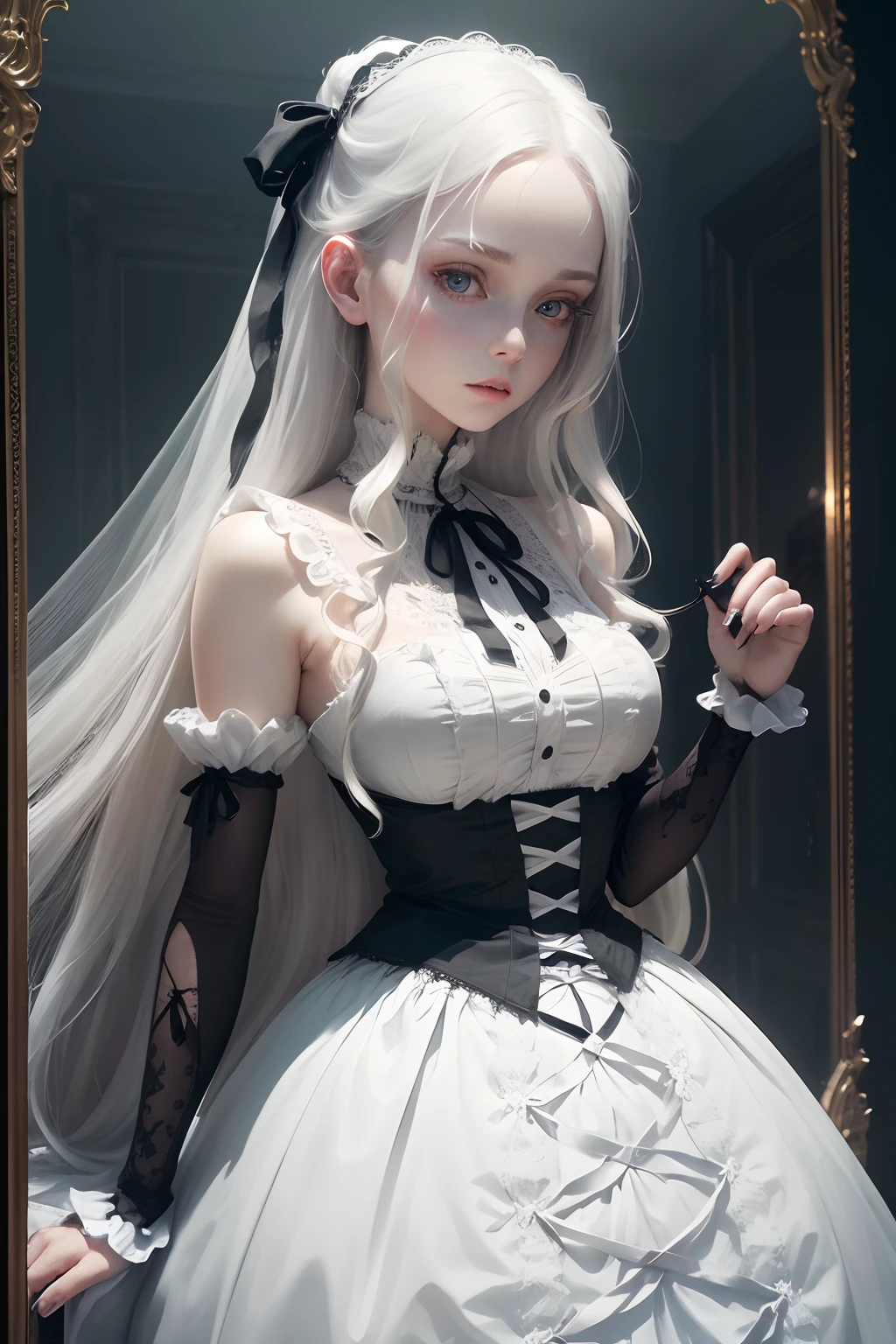 (best quality, highres, ultra-detailed), Woman, lacey Victorian dress, bandages and scars on arms, black nails, long flowing white hair with ribbon, eyes that look like hollow mirrors, dainty, pale skin, ethereal, delicate, soft lighting, vintage aesthetic, eerie background