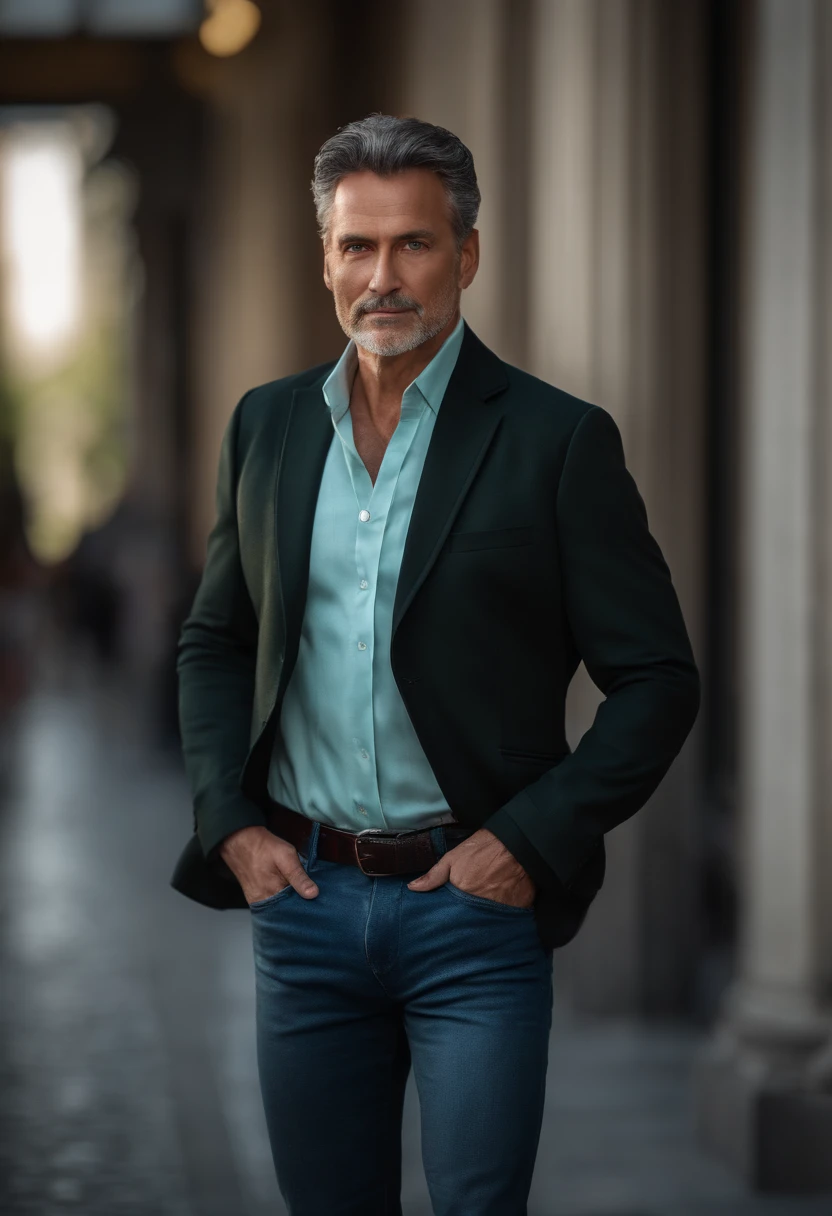 RAW photo of an elegant man, 50 years old, European, light green eyes, black hair blurred background, full body plane, blue jeans, white shirt, looking at camera, cinematic, small details, photorealistic, ultrarealistic photo, 8k uhd, dslr, soft lighting, high quality, film grain, Fujifilm XT3, (masterpiece),