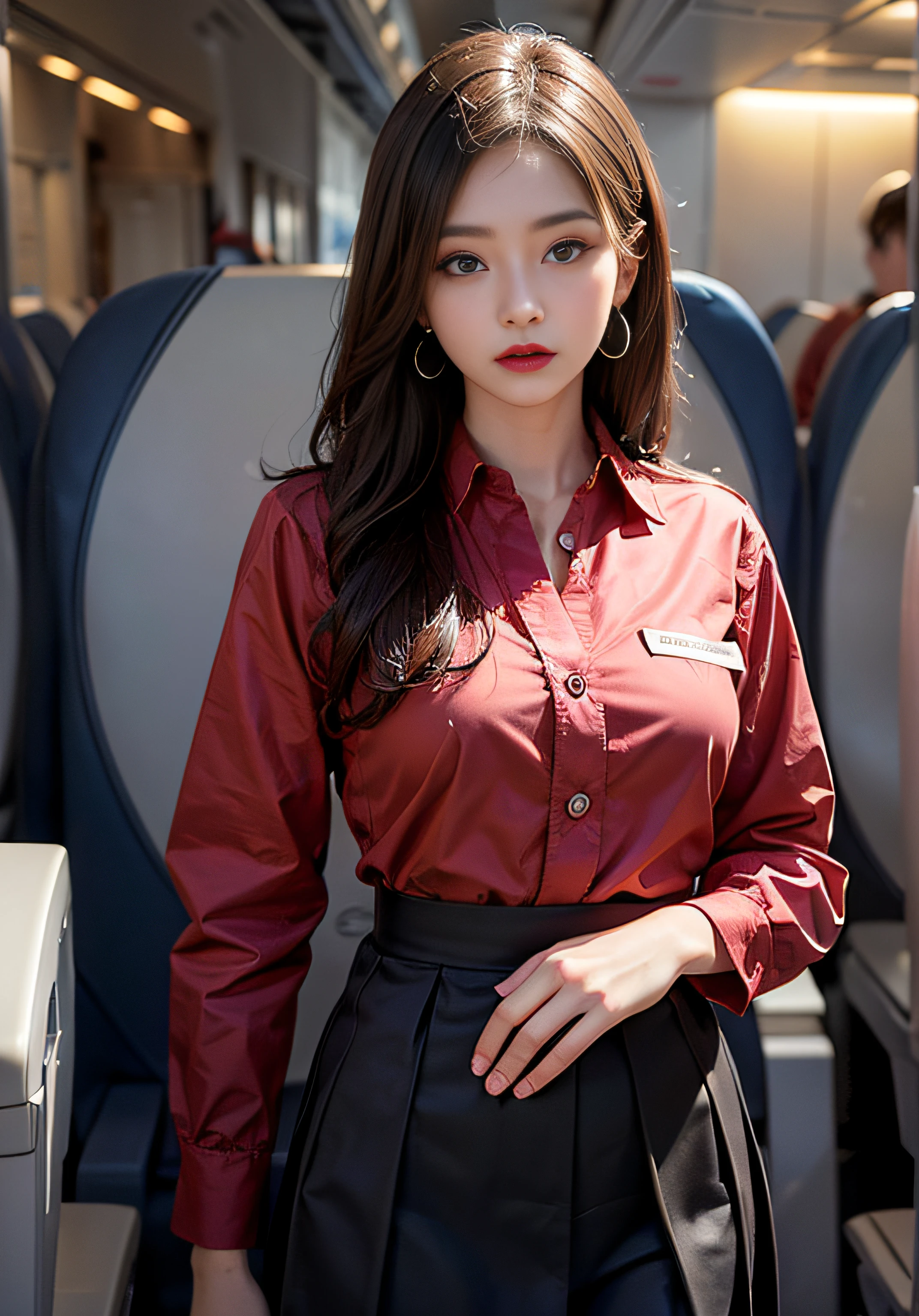 (8K high image quality), (top-quality), (RAW image quality),(masutepiece:1.2), (Realistic), (Photorealistic:1.37), ,largeeyes,long eyelasher,（Live-action realistic style）,The Ultimate Face,Photorealistic light and shadow,Clear facial features,,Fair skin, ）,(The Ultimate Face,Extraordinary beauty),Best portraits, 1-girl,Beautiful detailed eyes,highlydetailed skin,(Beautiful face with double eyelids), (Realism: 1.4),((fullbody image)) ,delicate and beautiful face,,Female about 20 years old,(Beautiful Face 1.4),Hair length is random,((Japan high school girl in uniform)),(red lipsticks,Lame around the eyes,earring beautiful),((Shot on an airplane)),(Standing,No skirt),(Flight attendant uniforms)),red lipsticks,Lame around the eyes,(Flight attendants in uniform),,(Cowboy Shot Standing),Shoot head-on,,Close-range shooting,A little bra exposure