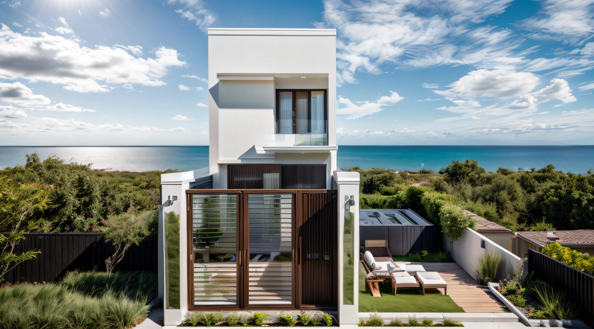 "RAW photo,Masterpiece, high quality, best quality, authentic, super detail,
exterior, outdoors, house style modern with brown stucco wall, balcony, railing glass, refection glass windows, indoor furniture,
,grass,tropical garden, trees, beautiful summer sky, beautiful landscape with grass and flower bushes, plants, trees
(Modern minimalist lines:1.1)
(day:1.2), vray, 8k, uhd, vivid colour