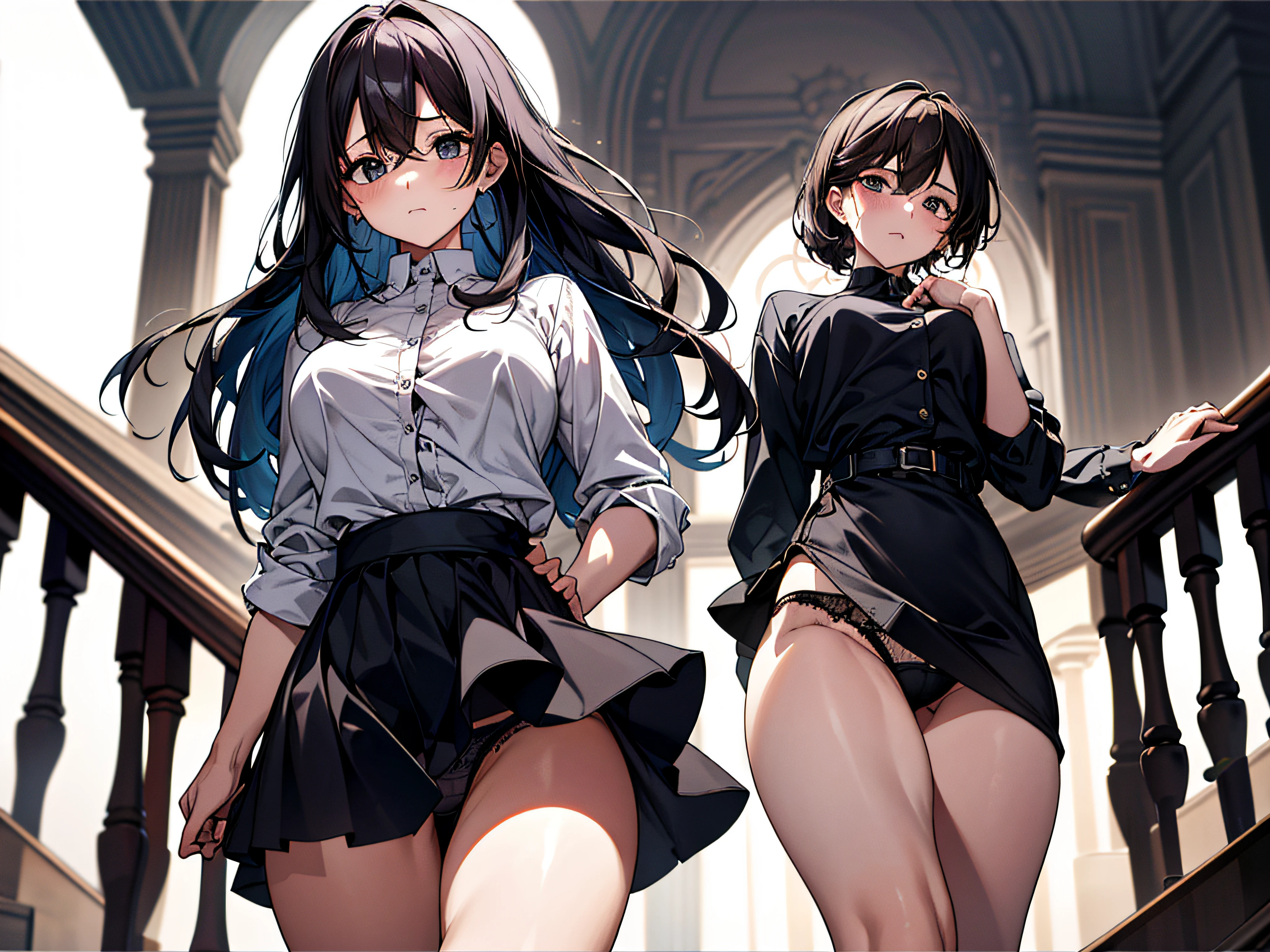 absurderes、high resolusion、top-quality、masterpiece、ultra close up、Parts Photos、cowboy shot 、(vivd colour:1.3) Romper (one girls:1.5), cabelos preto e longos、White shirt、flered skirt、governess、(thighs thighs thighs thighs:1.3), (breastsout:1.3)、from the rear:1.5、looking-down、toView、roundly eyes, (blown by the wind:0.5), (((Very sexy panties))), (Walking on a slope,:1.3)、perfect foot、s ass、(big butts:1.3)、from below ceiling、(shinny skin:1.1)、gust of wind(the wind:1.2)、Break the background(Steep stairs:1.3)、(Stand in the center of the screen:1.3)、((Shot from waist to thigh))、 sweat around girl、Near and far law、Thin leg、A look of shame