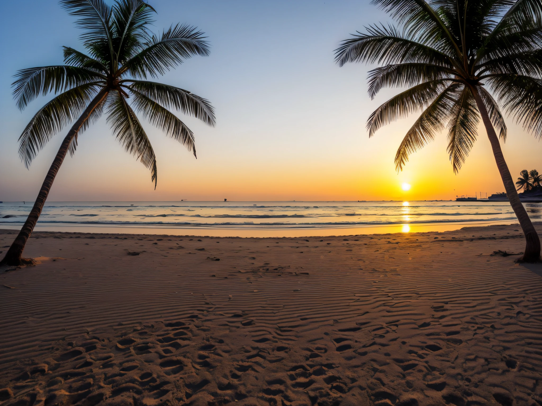 ein strand in der karibik mit palmen und inseln im hintergrund, Sonnenuntergang, Ein Hintergrundmotiv mit Leerzeichen in der Mitte des Bildes, to insert people