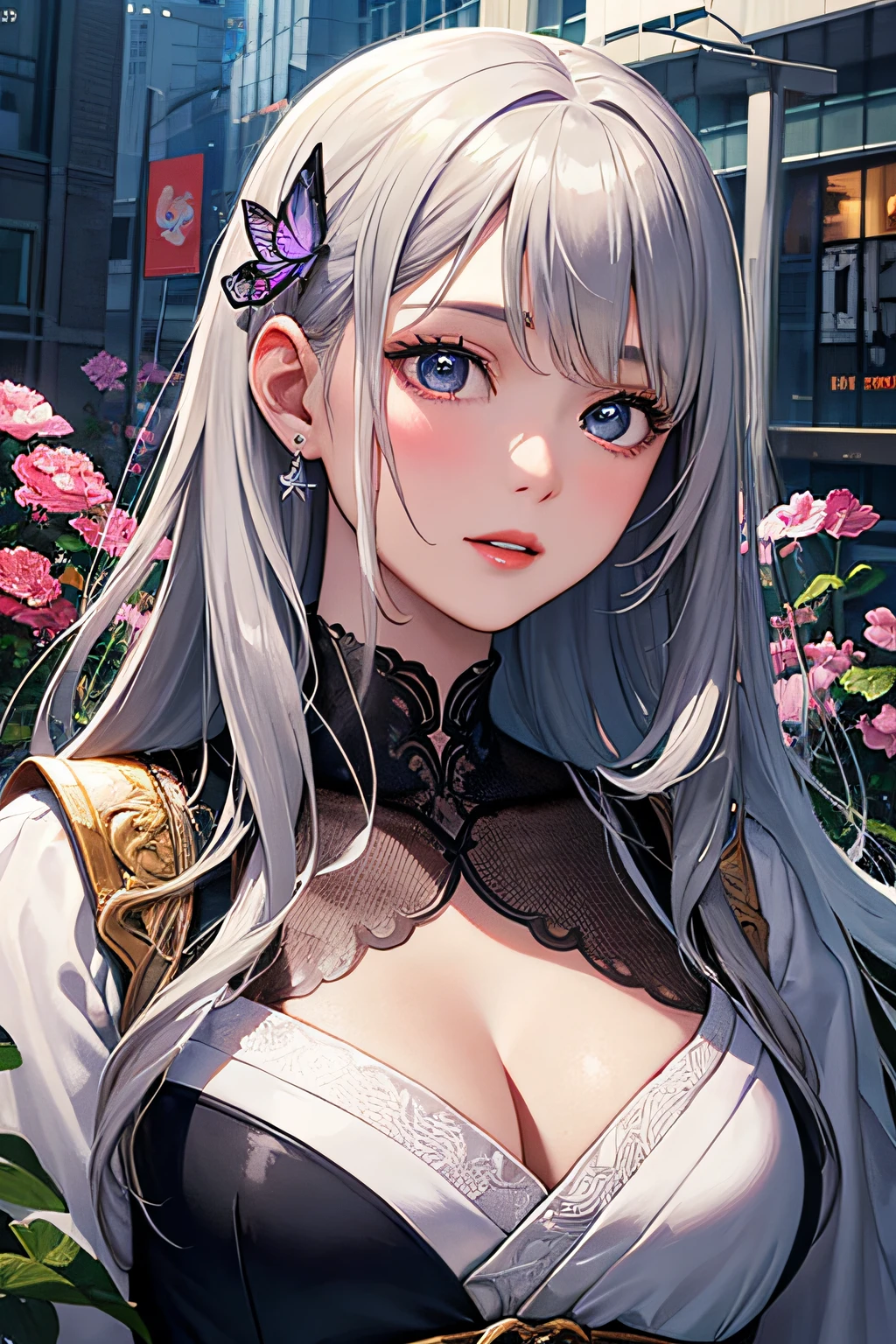 Silver world、Beautiful detailed eyes,Beautiful detailed lips,extremely detailed eye and face,longeyelashes,detailed hairs,Flowers,butterflys,Photorealistic,official artwork,Unity 8k壁纸,Ultra-detailed,Piece of art,Best Quality,organics,Harmonious,Geometric,Urban jungle,a mythical creature,Another world,Japanese characters、I can see the cleavage