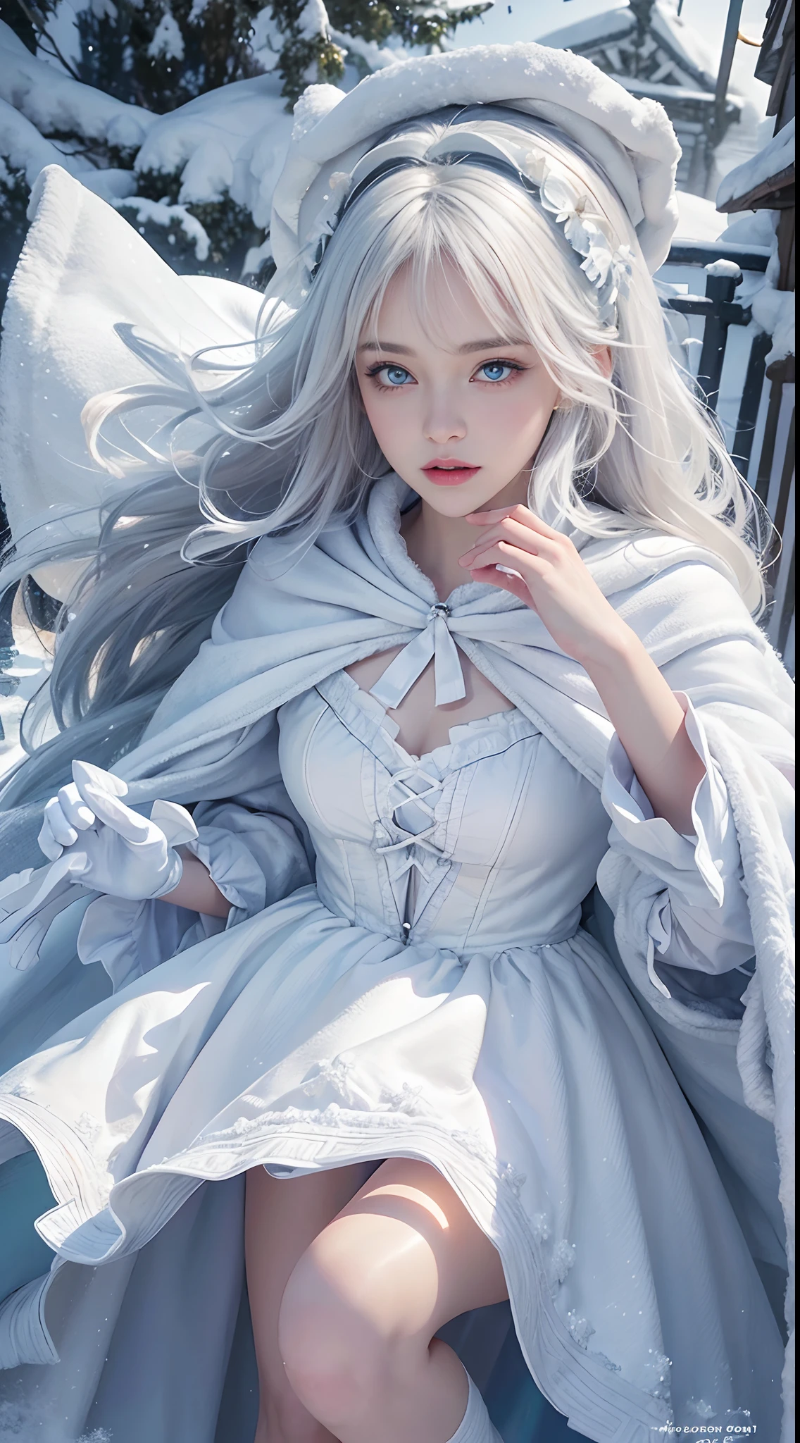 Photorealistic, high resolution, 1 Women, Solo, (Lolita costume),Gorgeous costumes,Face the audience,The upper part of the body,upper legs, beautidful eyes, White hair, ringed eyes, (outside,Heavy snowfall,Cloak,Cover with snow),snowfield,Blue eyes,Illustrations of the highest quality,A meticulous face