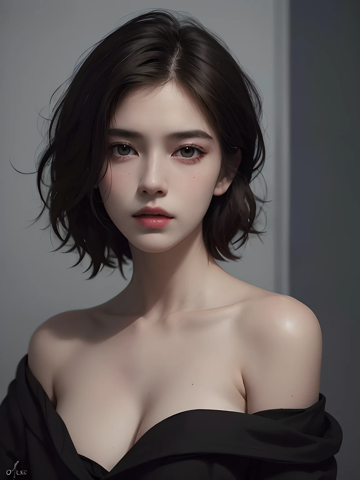Best quality, masterpiece, ultra high res, (photorealistic:1.5), raw photo, 1girl, offshoulder, in the dark, deep shadow, low key, cold light, sexy look, short hair
