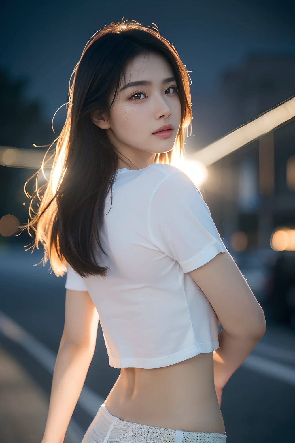 Dressed, (photograph realistic:1.4), (Ultra photo realsisim:1.4), (Realistic:1.3), (Smoother lighting:1.05), (increase cinematic lighting quality:0.9), 32K, 1girll,19 year old girl, Realistic lighting, back lit lighting, light in face,Realistic skin details, Visible Pore,,((long leges)),(Super detail),(perfect bodies:1.2),long whitr hair,(dynamicposes),((Dynamic background((volumettic light:1.3)),the street, Ray traching, (brightlight:1.2), (enchanced quality:1.4), (best quality real texture skin:1.4), Fine face, (Exhaustion、Drowsiness and happiness), (Kaihuai:0), Crop topping, tee shirt, (Increased Body Line Mood:1.1), (Increased Skin Texture Beauty:1.1)