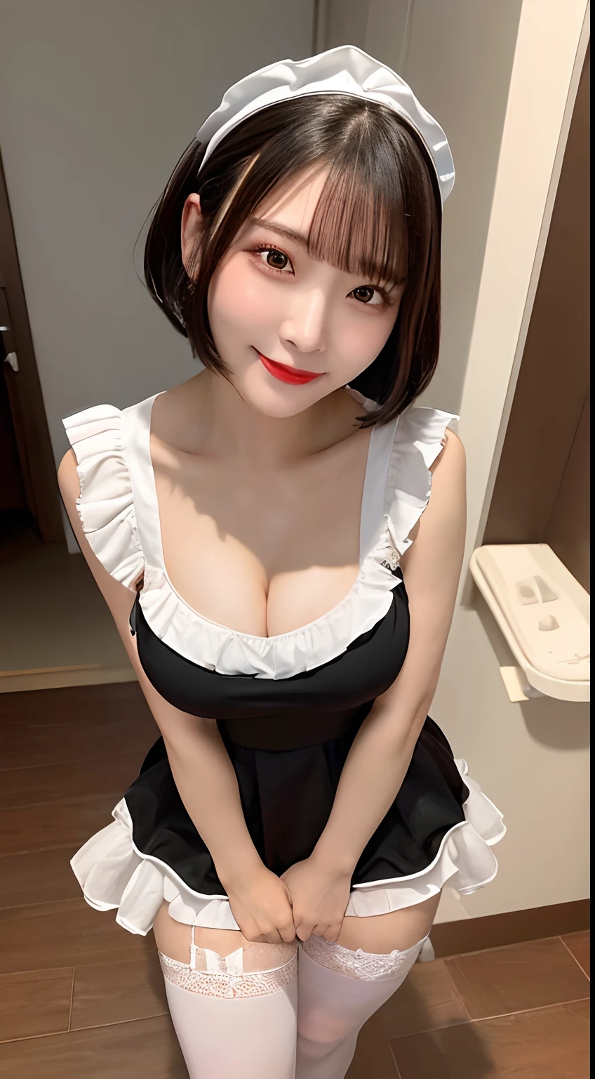 (masterpiece, best quality, ultra high res, 8k, perfect anatomy, extremely detailed),
BREAK
(1girl, beautiful girl, cute girl, beautiful black hair, bob hair, black eyes), (shiny body, shiny skin, large breasts),
BREAK
((maid uniform)), sleeveless, (miniskirt), (white tights), maid headdress, (leaning forward), arms behind back, cowboy shot, nose blush, open mouth, smile, close to viewer, luxury room