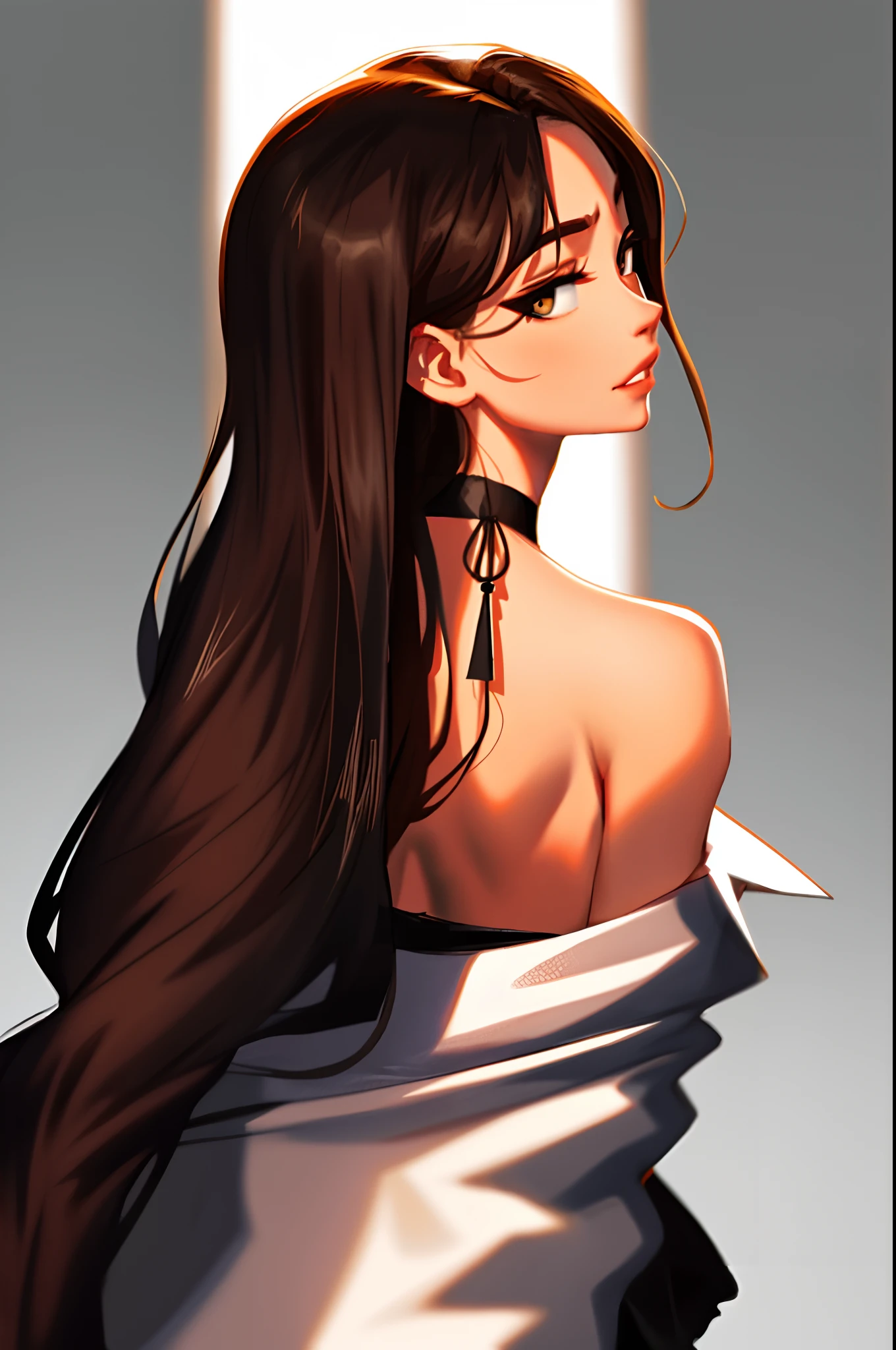Sam Yang, 1girl, back, exposed bare shoulders, 黑The eye, dark circles, brown hair, 耳Nipple Ring, jewely, cparted lips, long whitr hair, looking at viewert, back to look back, choker necklace, cropped shoulders, Lips half open, sportrait, daysies, depth of fields, 独奏, ((tmasterpiece))
