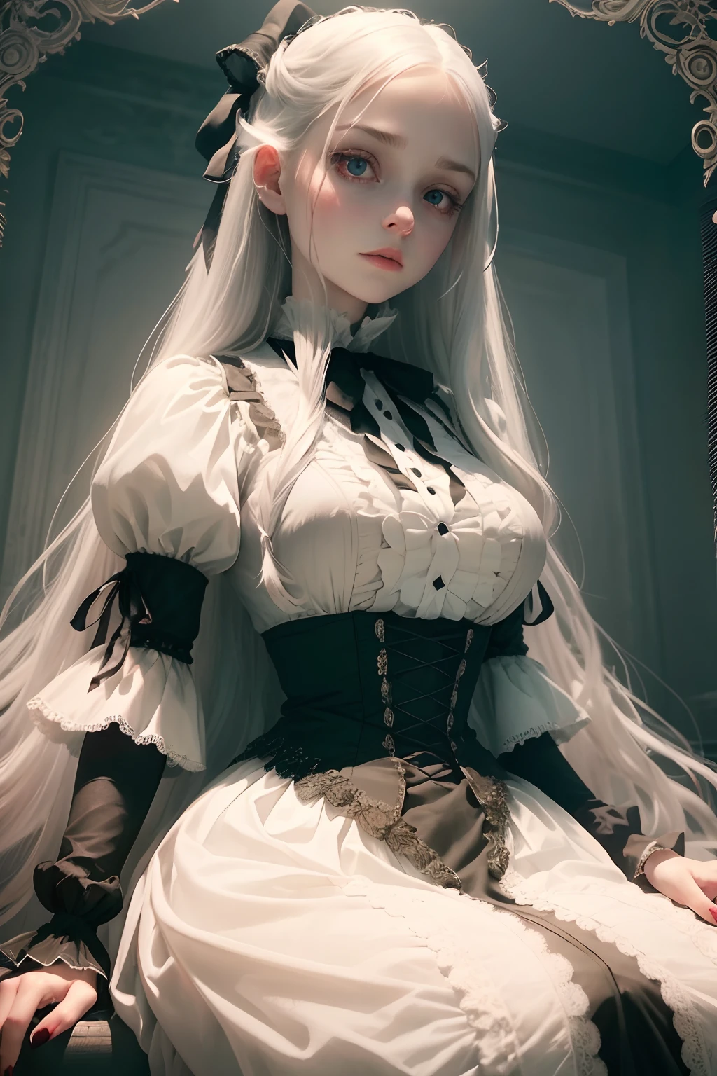 (best quality, highres, ultra-detailed),  Woman, lacey Victorian dress, bandages and scars on arms, black nails, long flowing white hair with ribbon, eyes that look like hollow mirrors, dainty, pale skin, ethereal, delicate, soft lighting, vintage aesthetic, eerie background