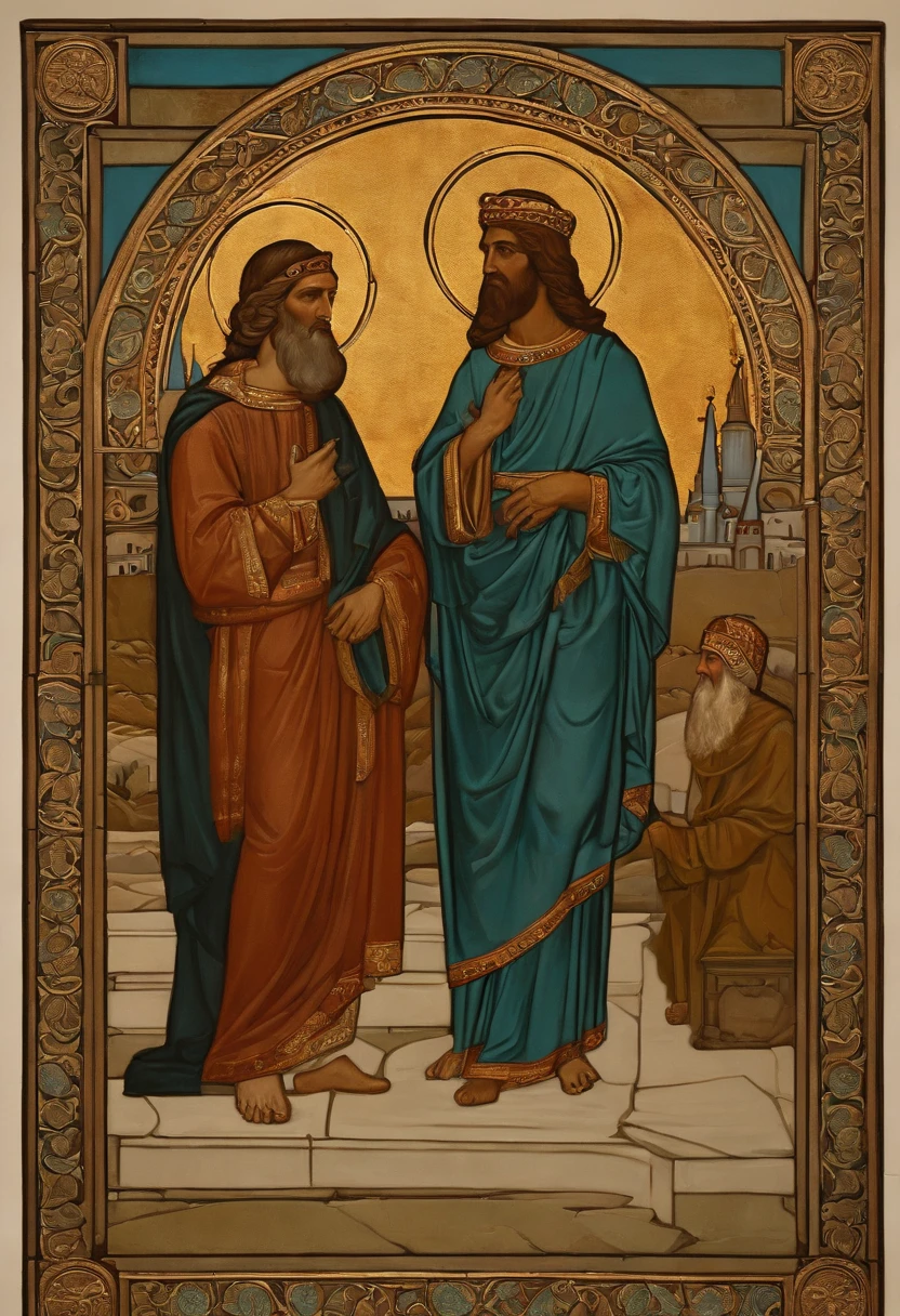 King Hezekiah and the prophet Isaiah talking in Jerusalem in the 7th century B.C..C.
Detalhes:
O rei Ezequias deve estar vestido com roupas reais, como uma coroa e um manto.
The prophet Isaiah should be dressed in simple clothes, como um manto e um cajado.
Os dois homens devem estar sentados ou parados em um ambiente interior ou exterior.beleza abstrata, near perfection, forma pura, dynamic pose, ethereal background, (sombras escuras profundas), (Strong cinematic lighting), (back lighting), arte conceitual por Greg Rutkowski e John William Waterhouse e Alphonse Mucha, detalhes impressionantes, detalhes intrincados, 8K post-production, high resolution, super detalhes, trending on ArtStation