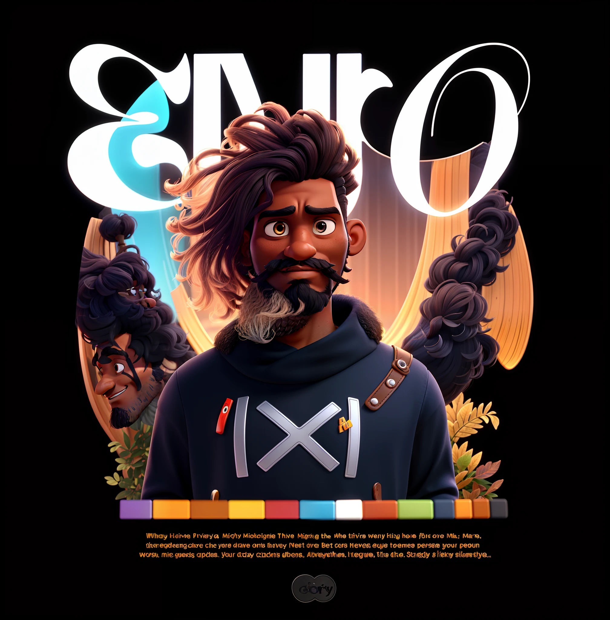 A dark-skinned man, Disney Pixar style, male hair with long bangs, full big beard, mustache, high quality, best quality