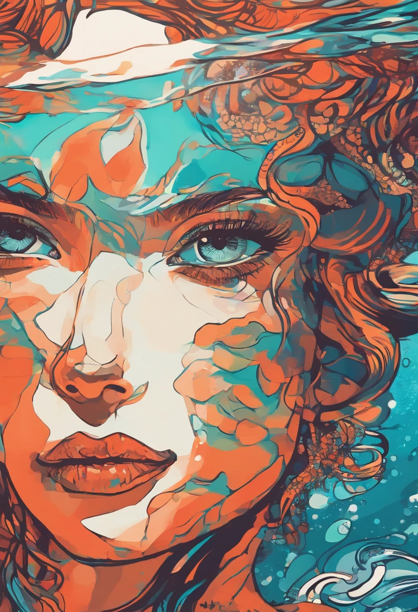 Sob o Mar, 1 mermaid child with short curly brown hair swimming in a beautiful coral color heef. Sunlight shows trougth The sea water (obra-prima: 1.2) (realista: 1.2) (Bokeh) (melhor qualidade) (pele detalhada: 1.3) (detalhes intrincados) (8k) (olhos de detalhe) (foco nítido)